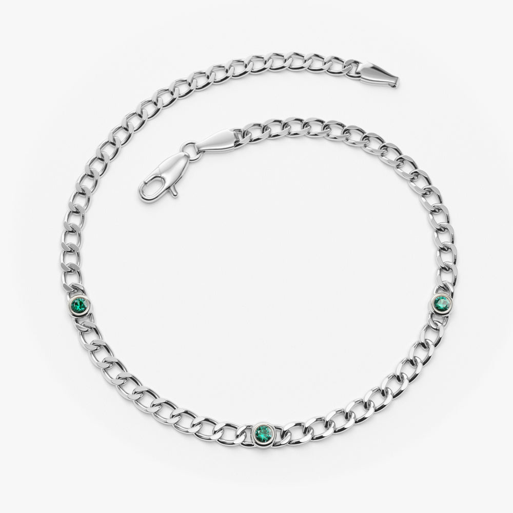 Cuban Link Bracelet w Bezel Setting Round Emerald