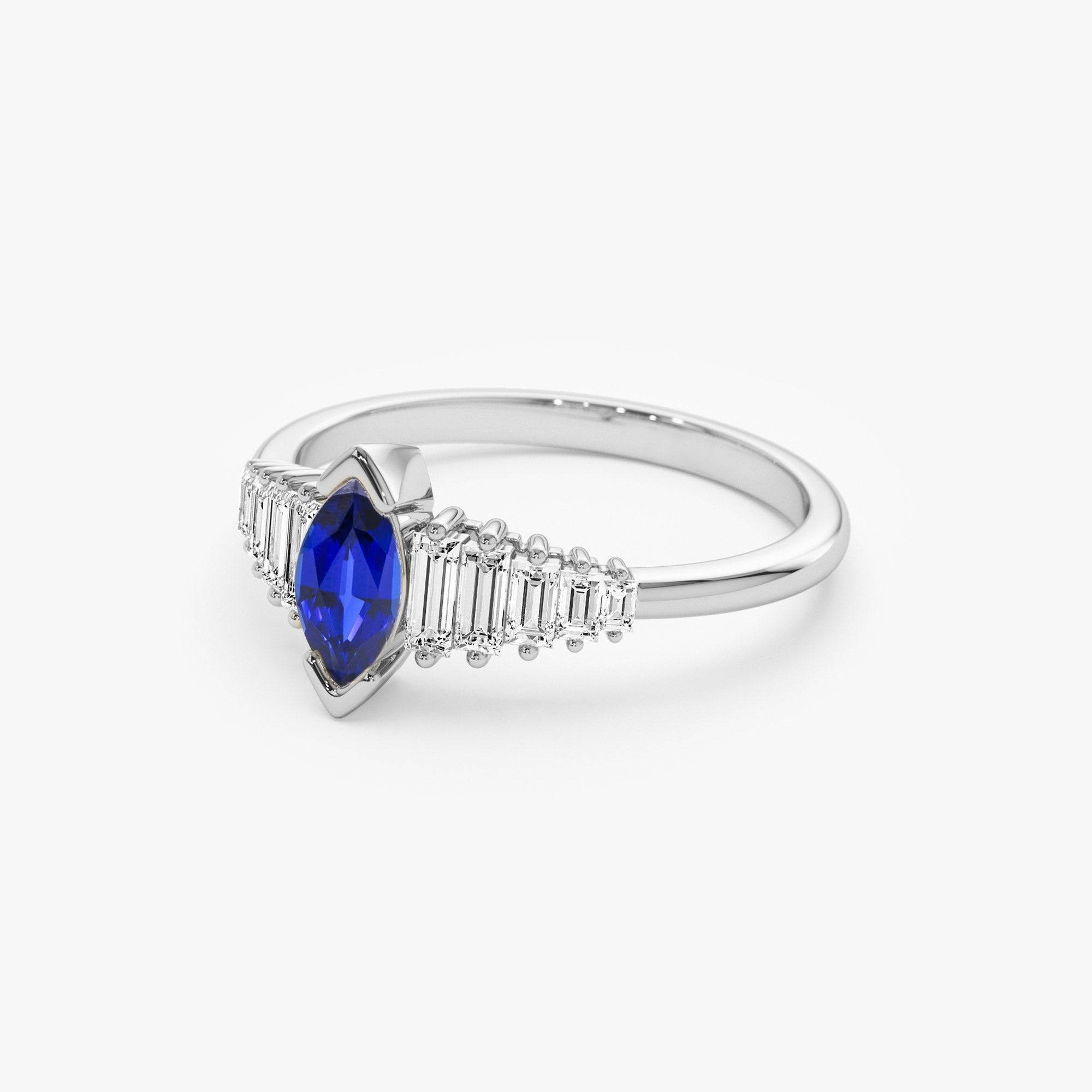 Marquise Shape Sapphire  Ring with Baguette Accents