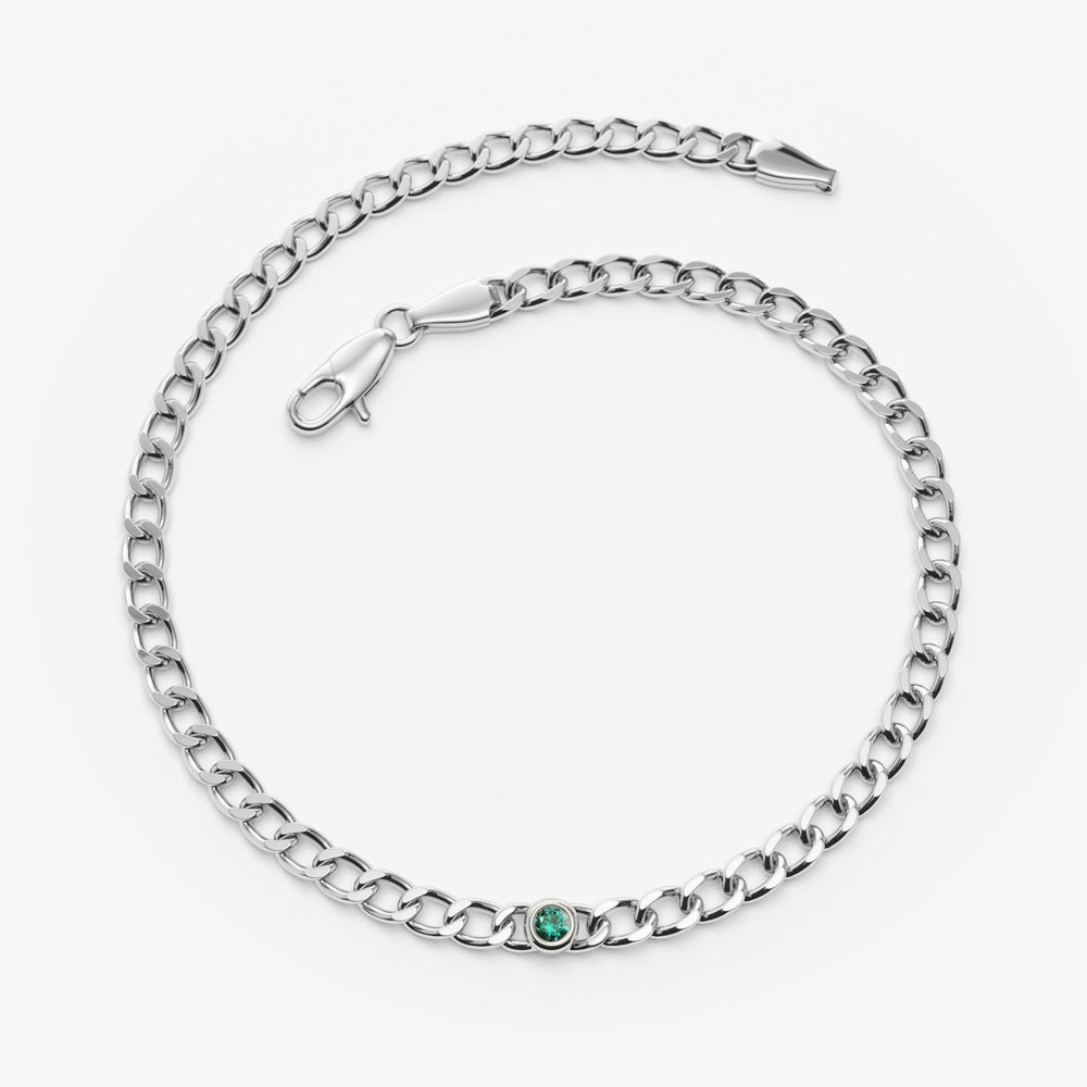 Cuban Link Bracelet w Bezel Setting Round Emerald