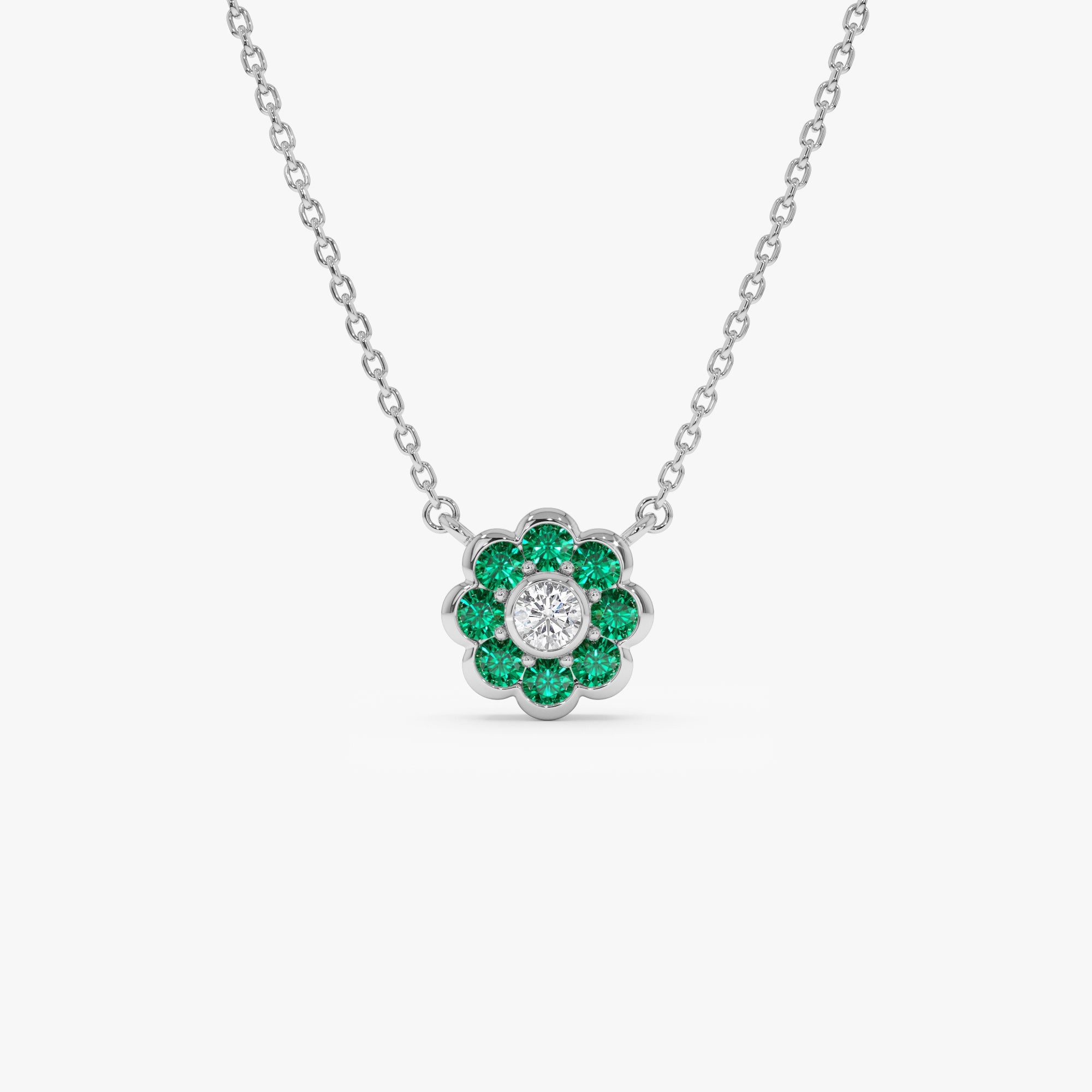 Bezel Setting Emerald Flower Diamond Necklace