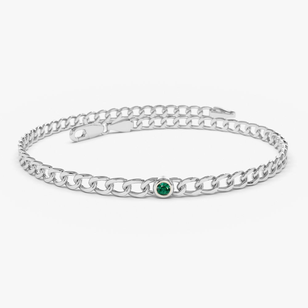 Cuban Link Bracelet w Bezel Setting Round Emerald