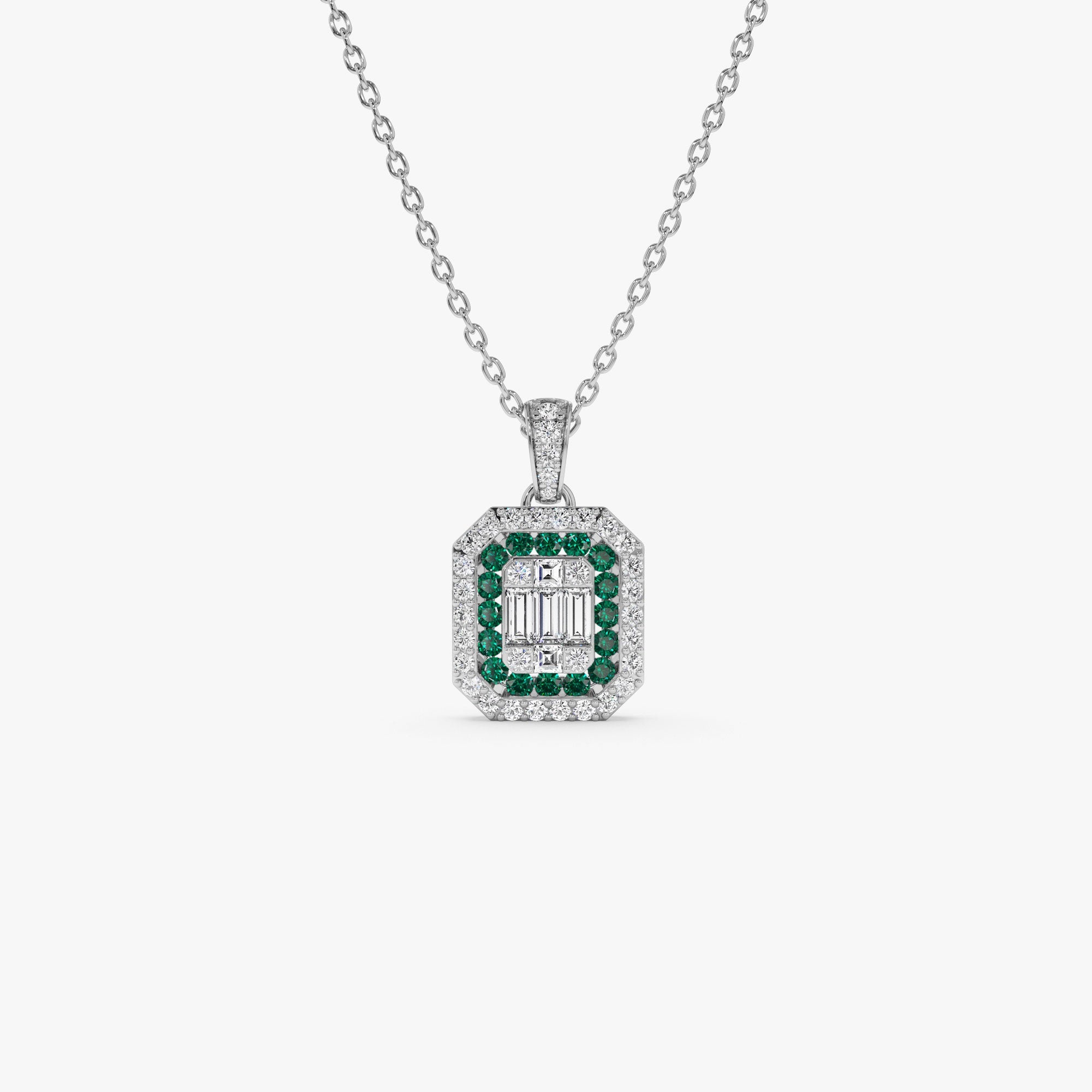 Baguette and Round Emerald Necklace with Halo Setting