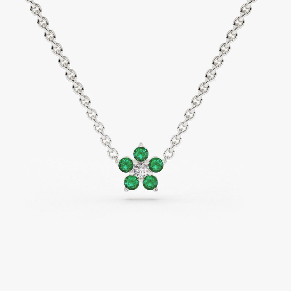Emerald and Diamond Flower Charm Necklace