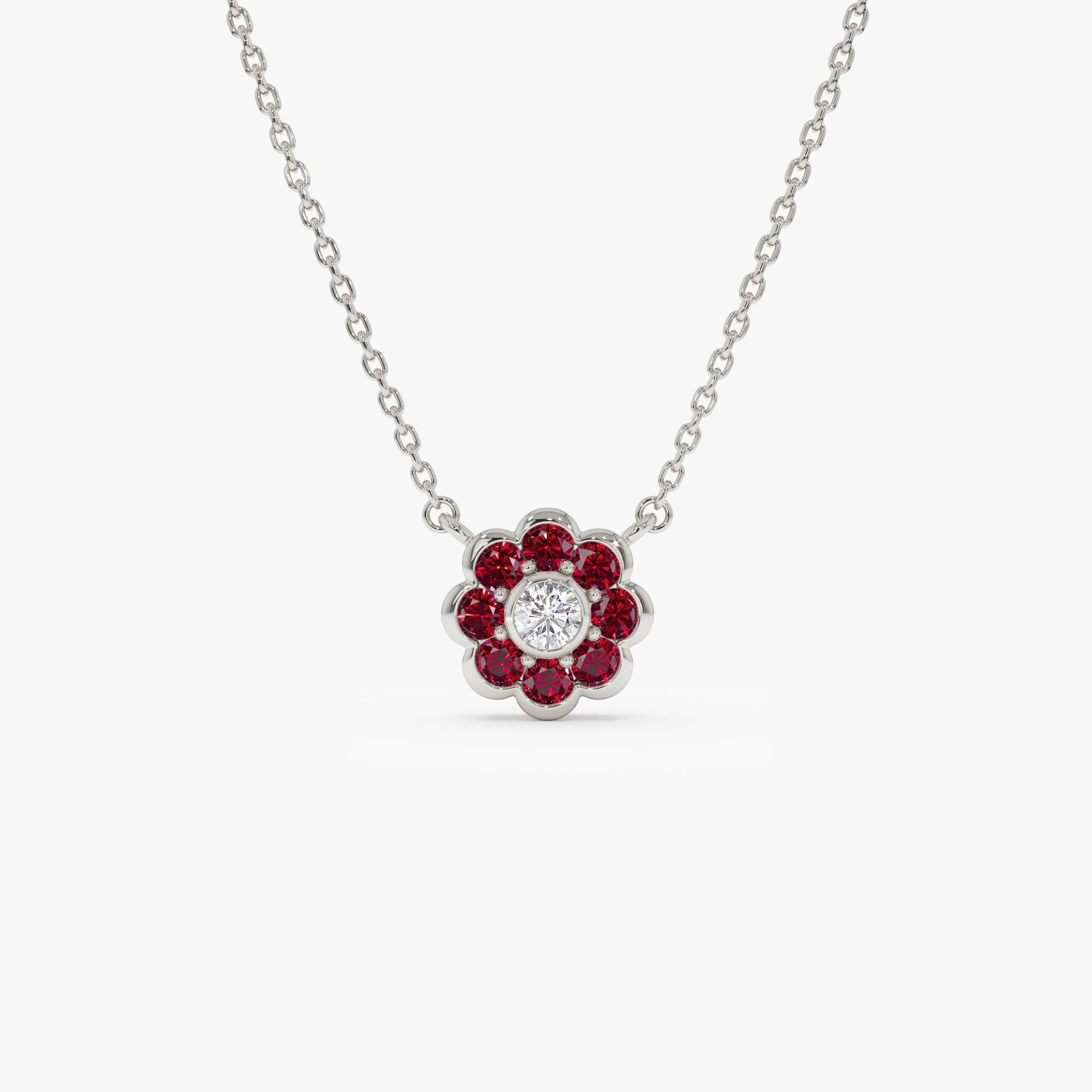 Bezel Setting Ruby Flower Diamond Necklace