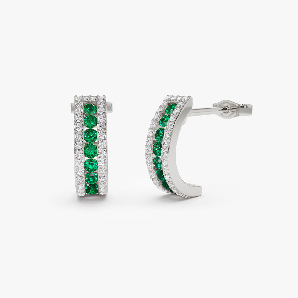 Emerald and Round Diamond Hoop Earrings