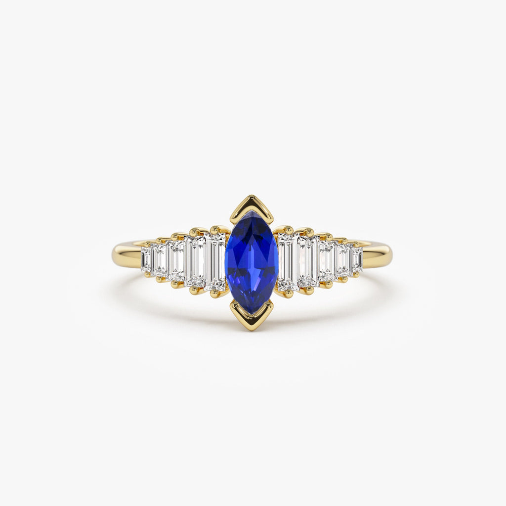Marquise Shape Sapphire  Ring with Baguette Accents