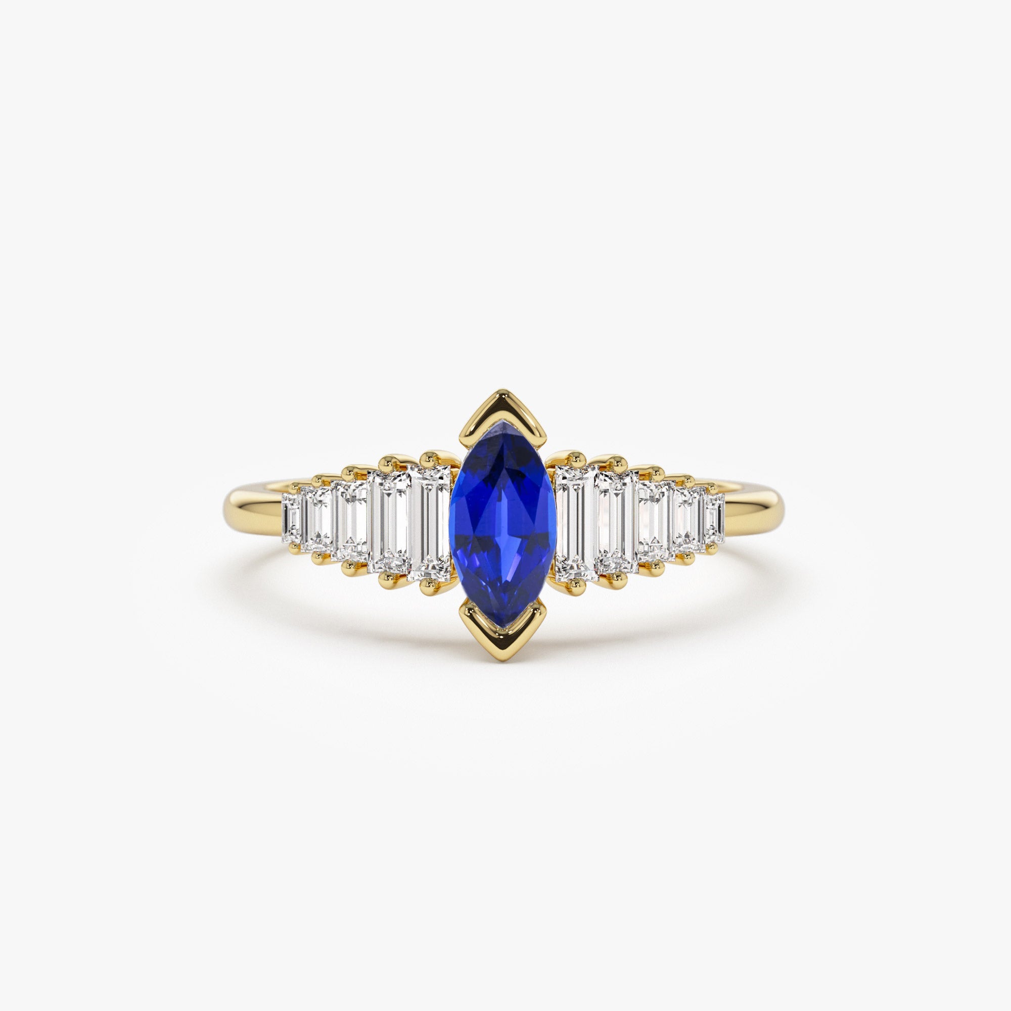 Marquise Shape Sapphire  Ring with Baguette Accents