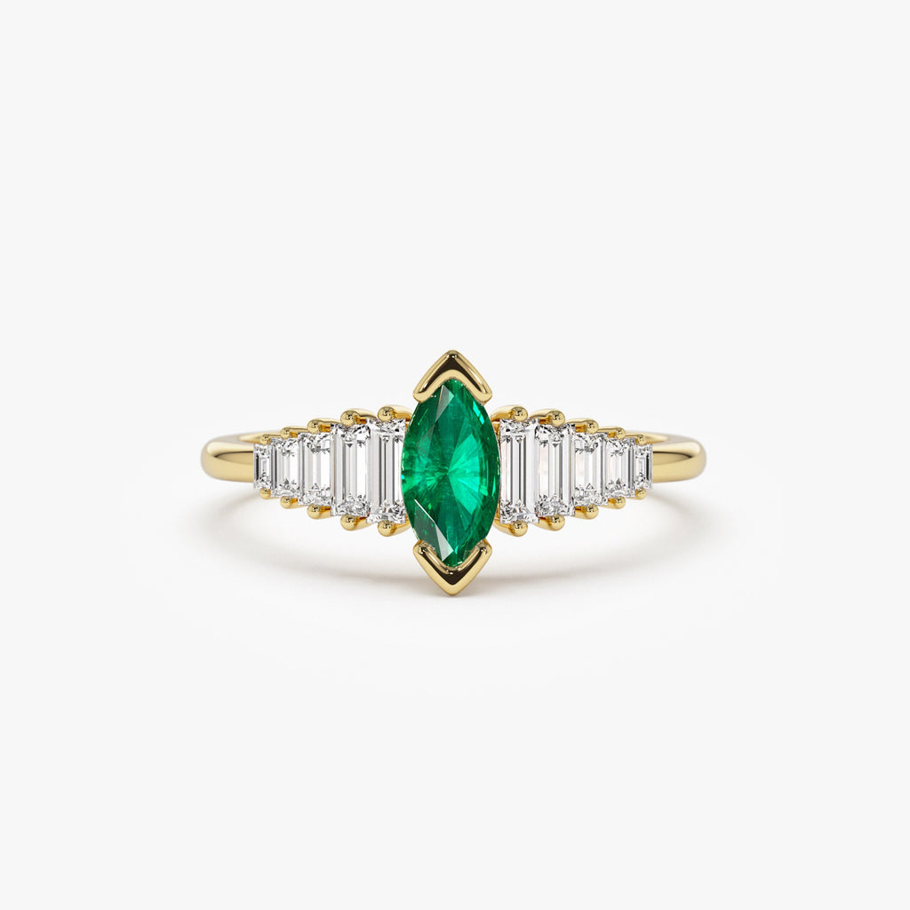 Marquise Shape Emerald  Ring with Baguette Accents