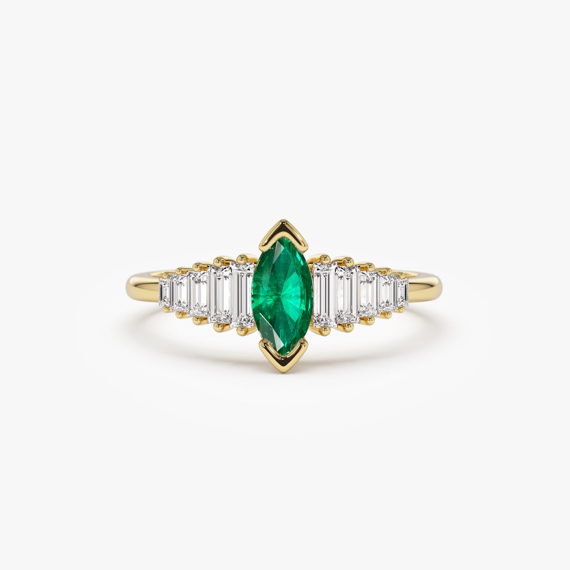 Marquise Shape Emerald  Ring with Baguette Accents