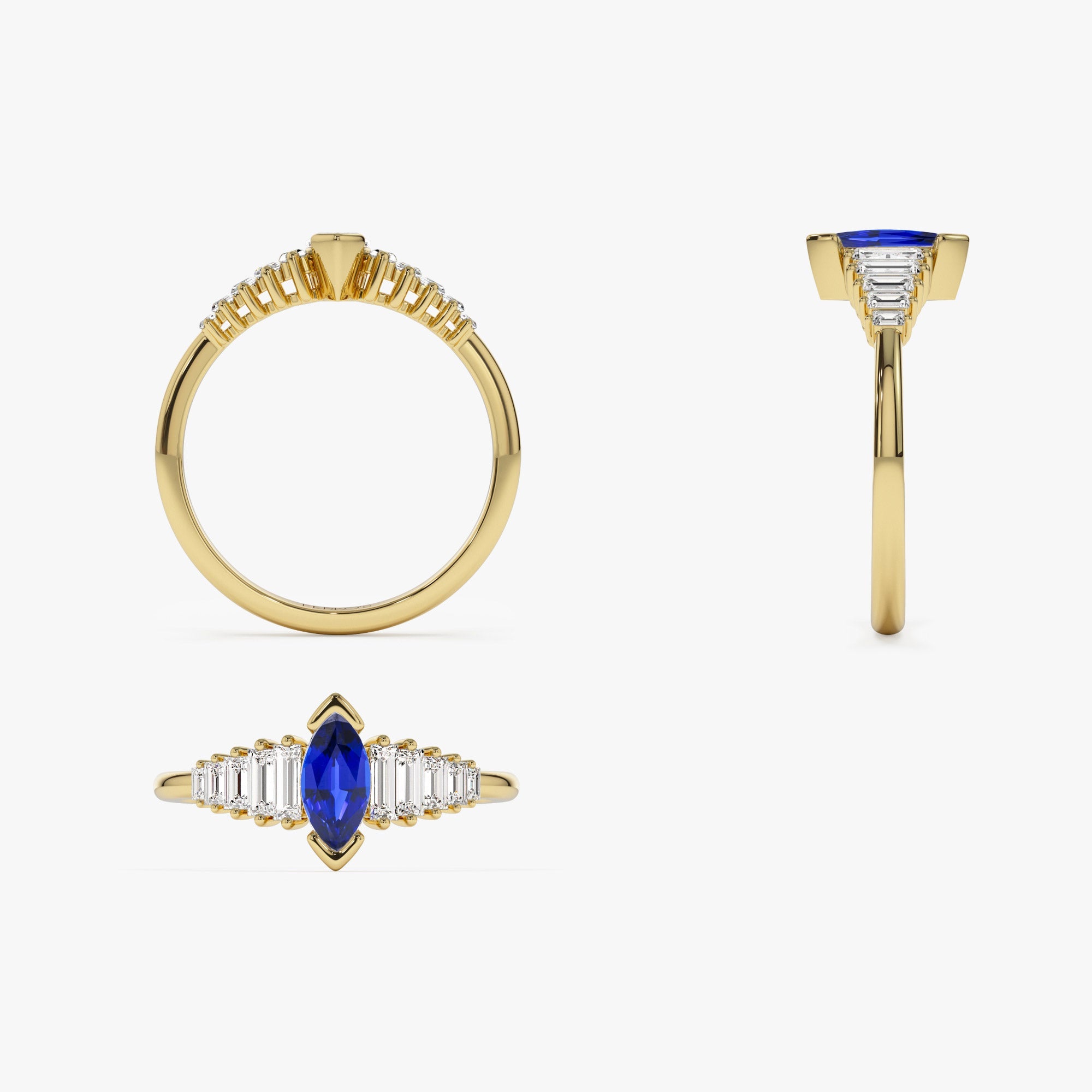 Marquise Shape Sapphire  Ring with Baguette Accents