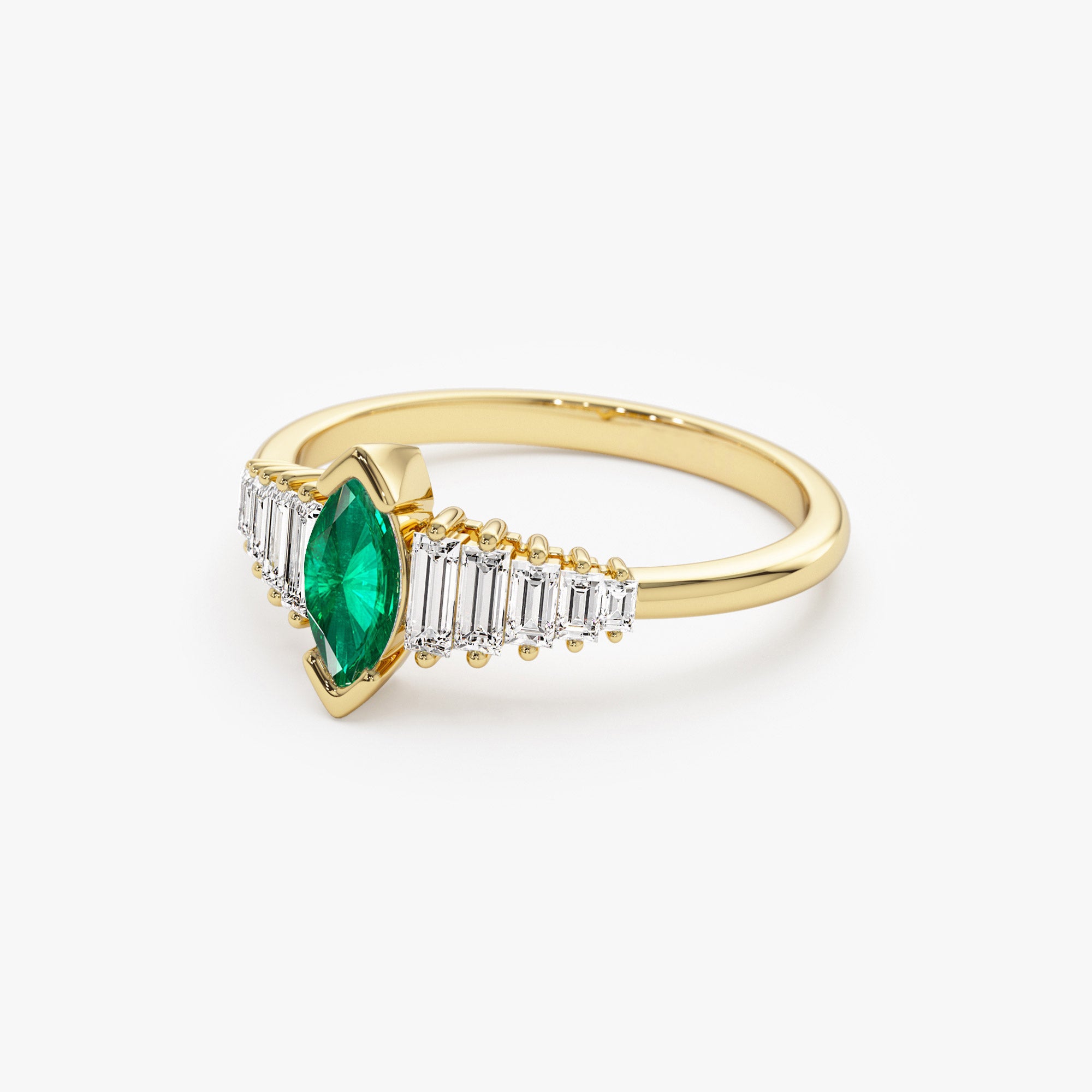 Marquise Shape Emerald  Ring with Baguette Accents