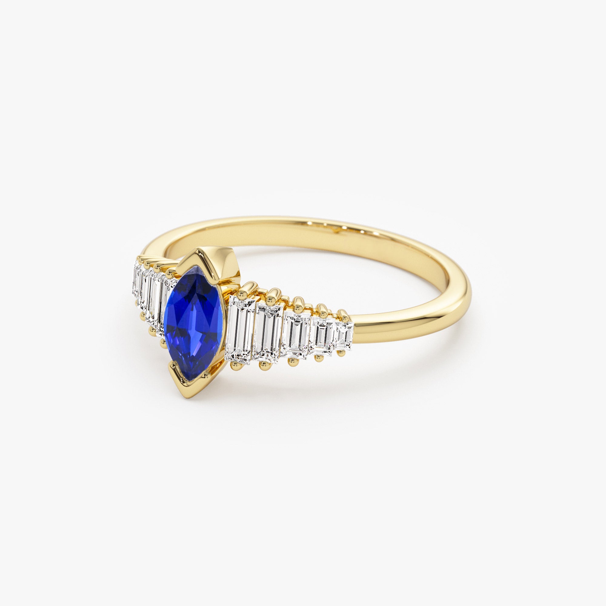 Marquise Shape Sapphire  Ring with Baguette Accents