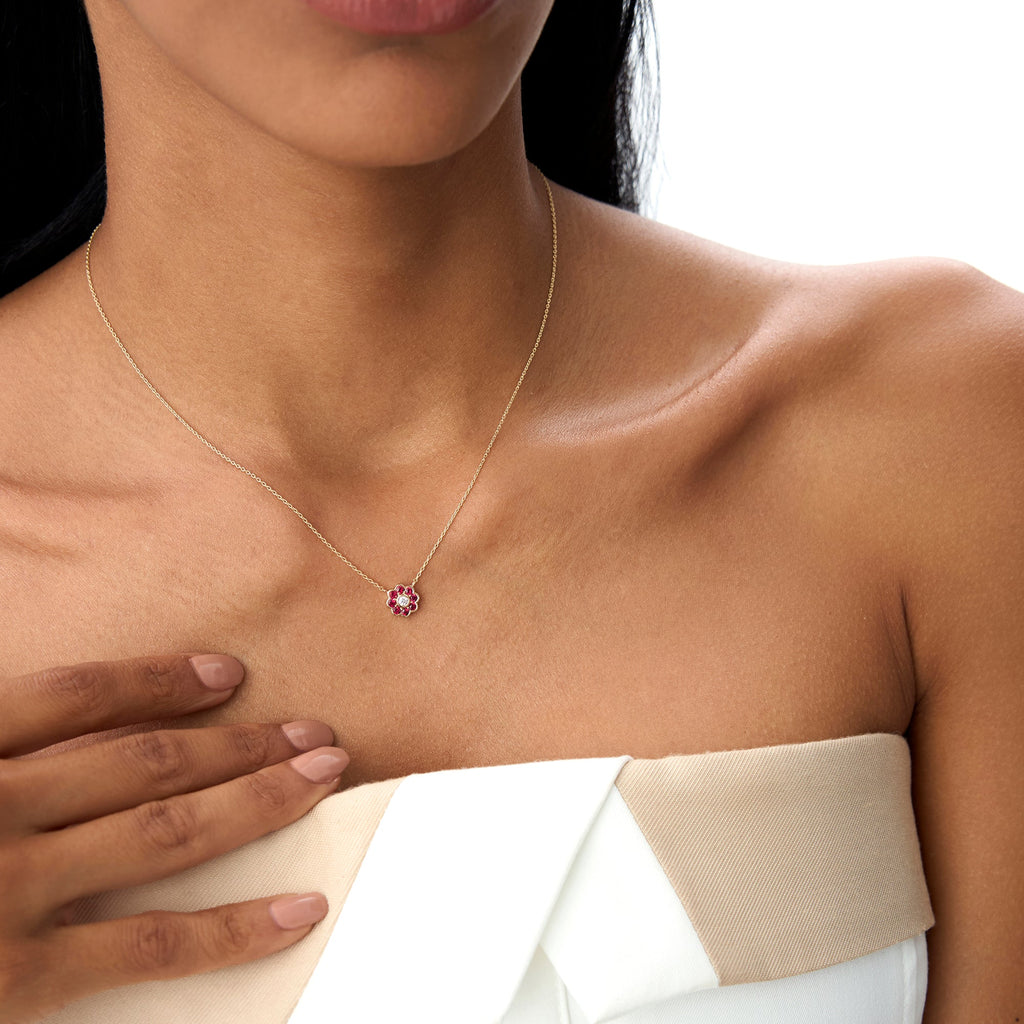 Bezel Setting Ruby Flower Diamond Necklace