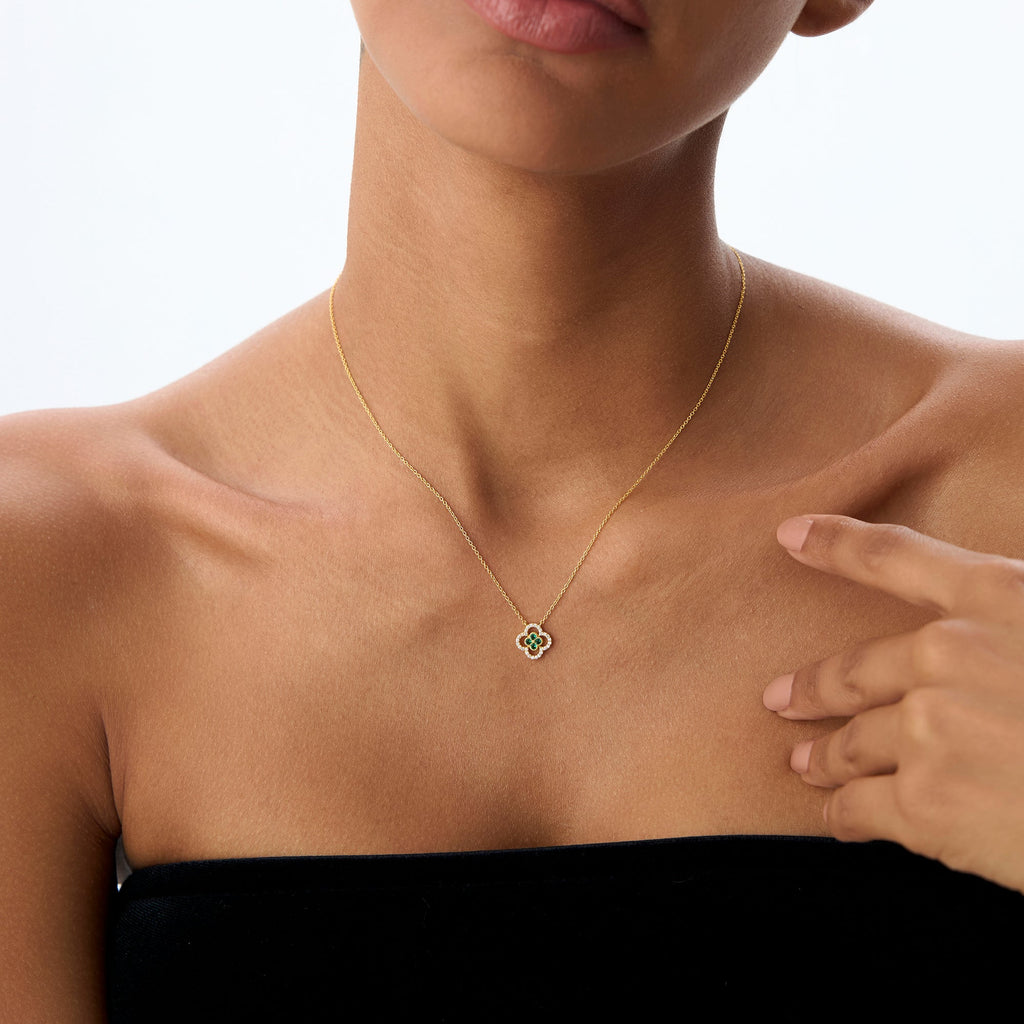 Emerald Clover Necklace in Halo Setting