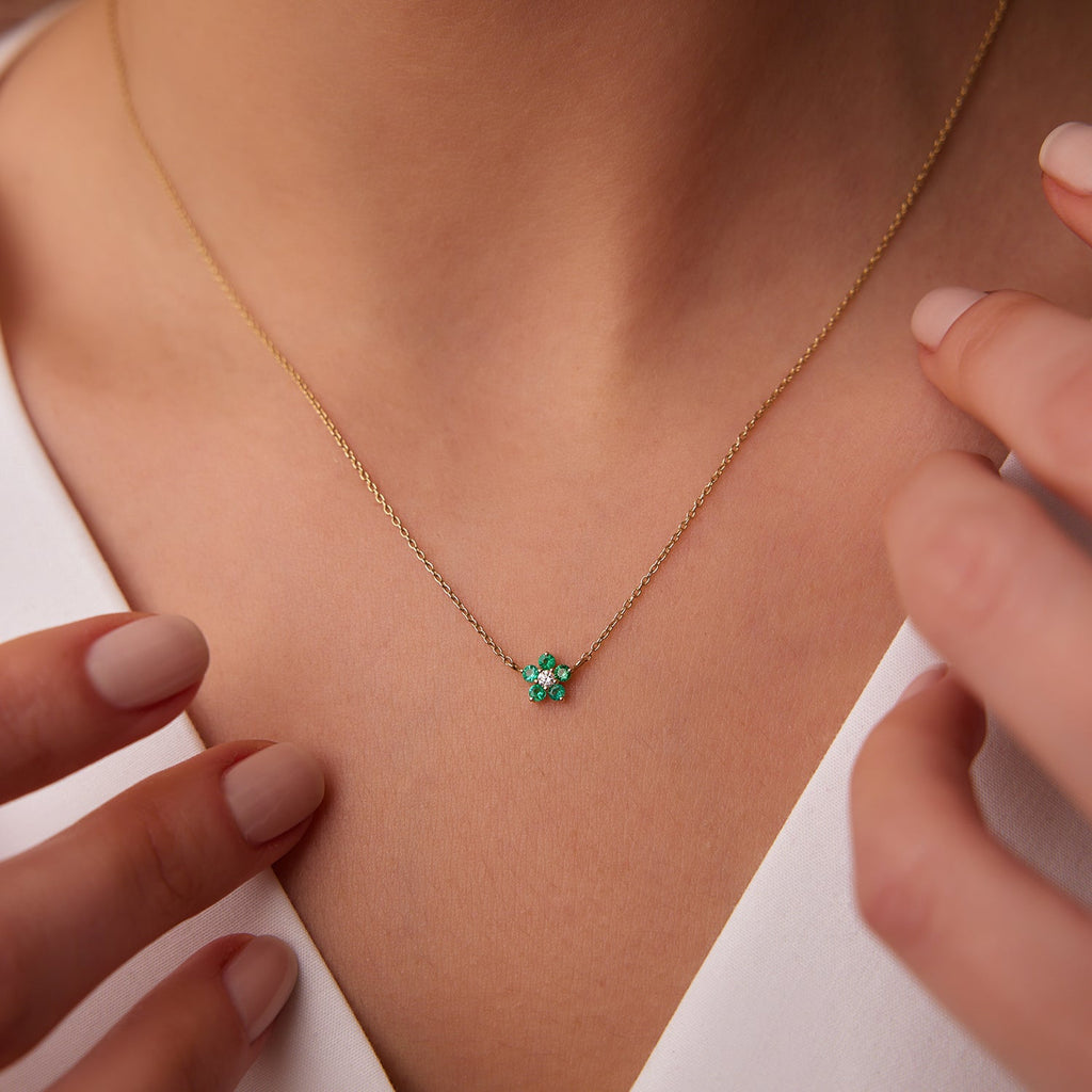 Emerald and Diamond Flower Charm Necklace