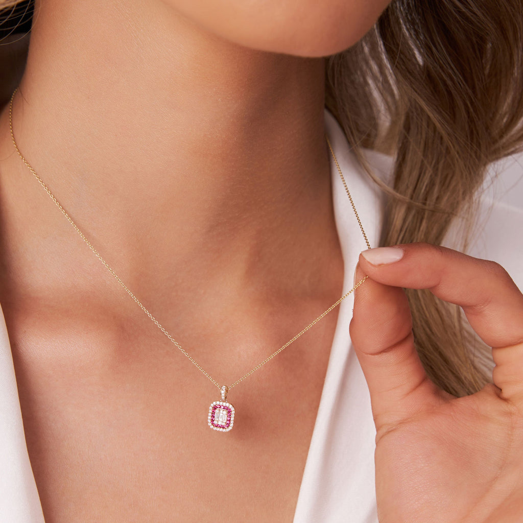 Baguette and Round Ruby Necklace with Halo Setting