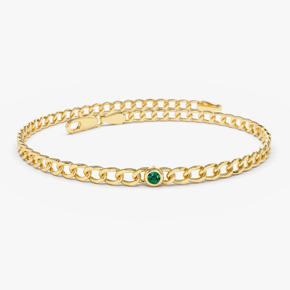 Cuban Link Bracelet w Bezel Setting Round Emerald