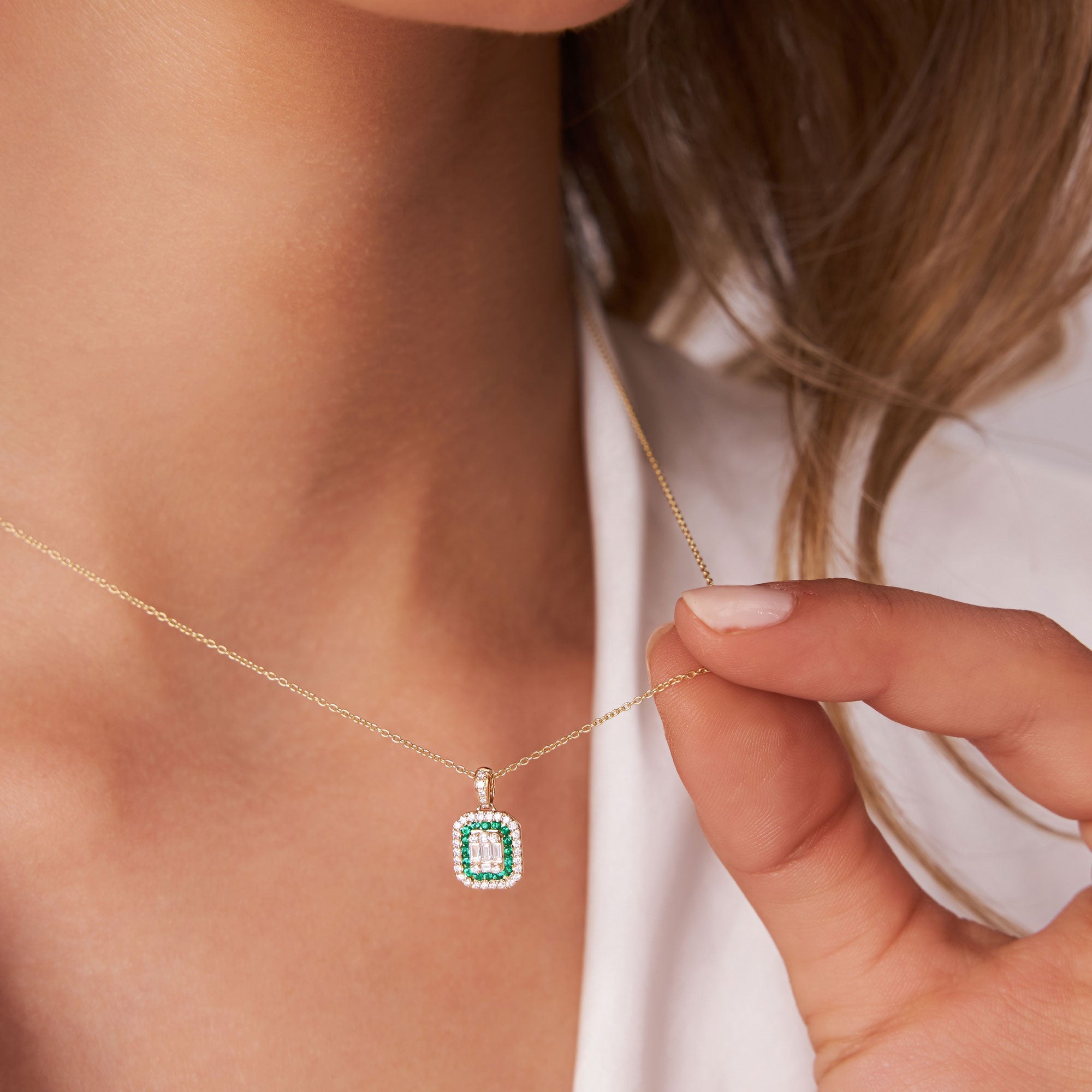 Baguette and Round Emerald Necklace with Halo Setting