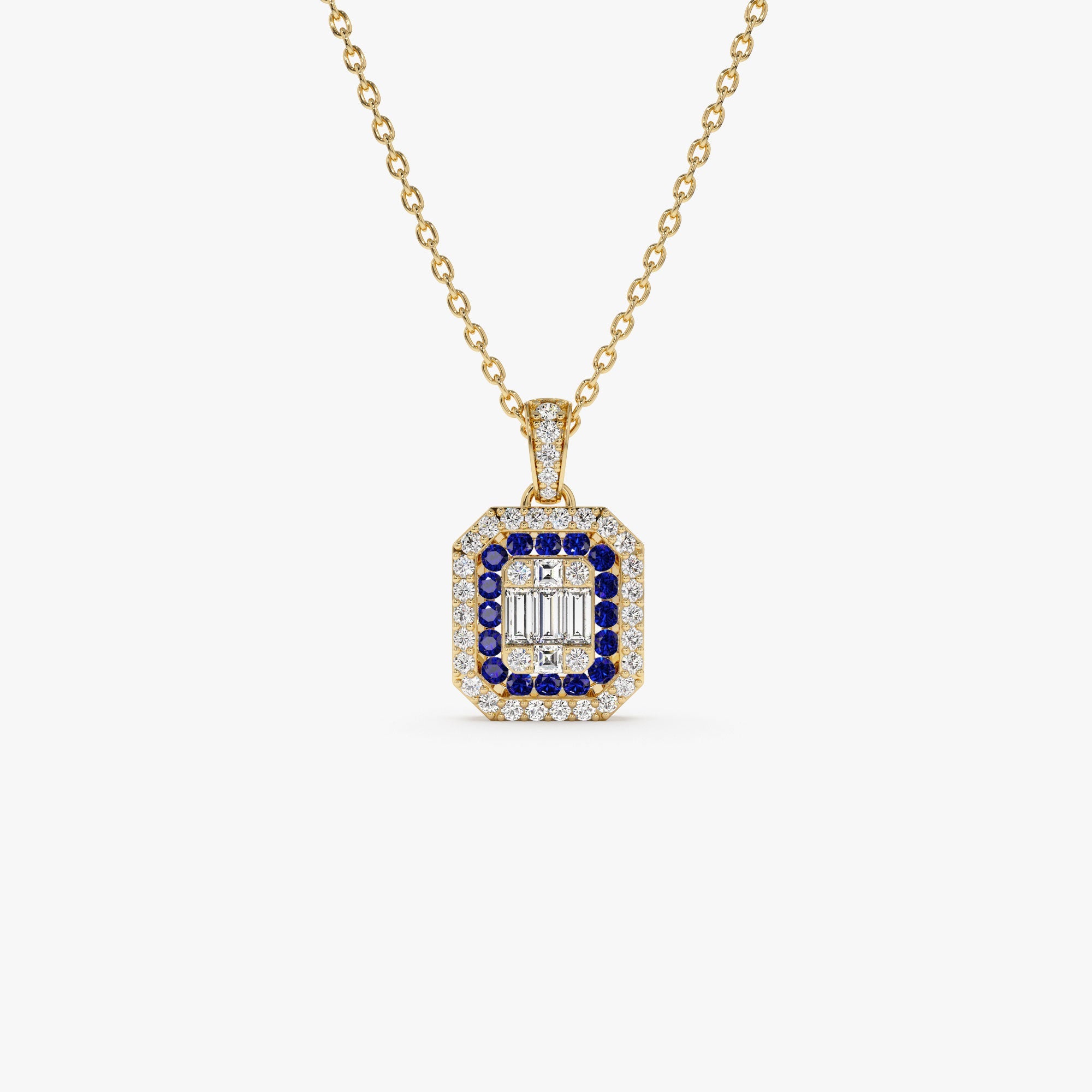 Baguette and Round Sapphire Necklace with Halo Setting