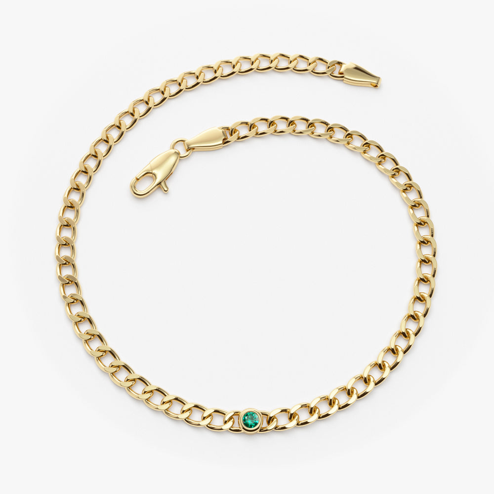 Cuban Link Bracelet w Bezel Setting Round Emerald