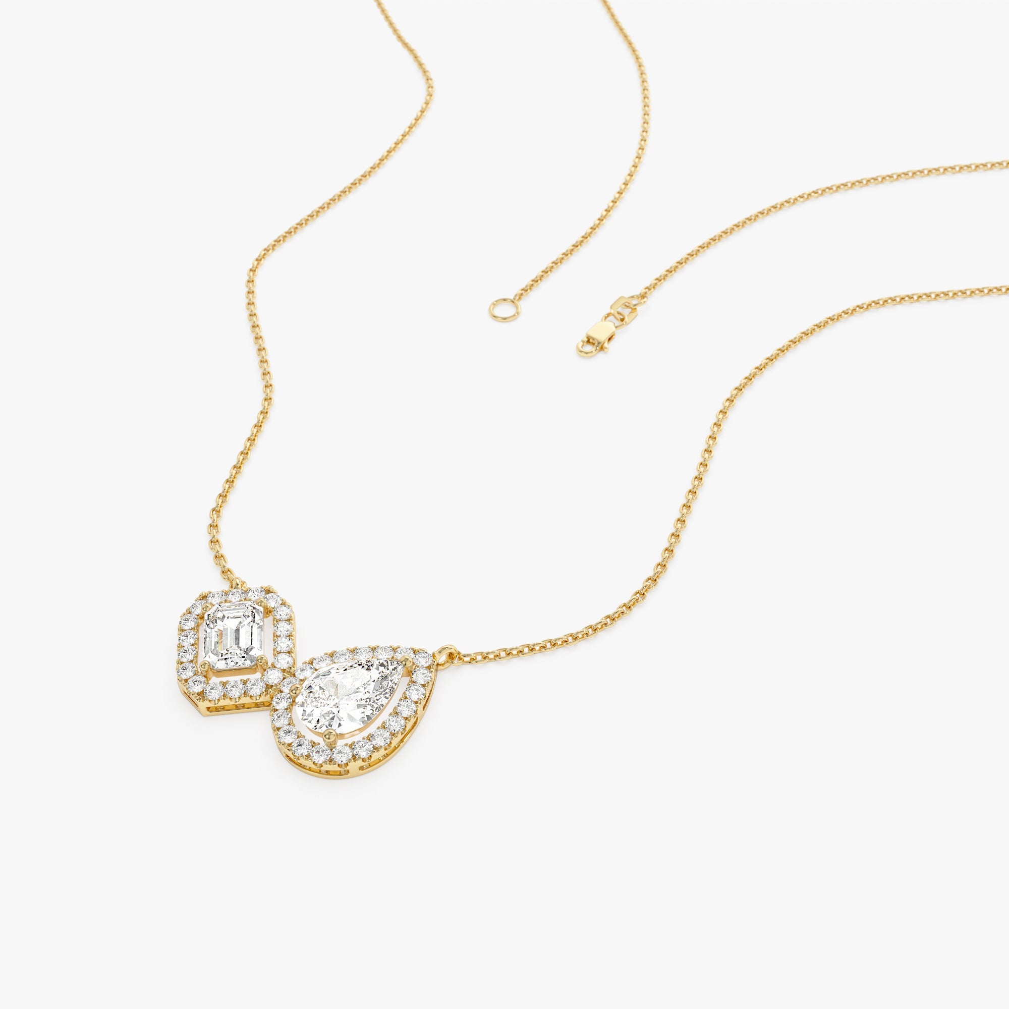 Pear & Emerald Cut Toi et Moi Halo Setting Necklace