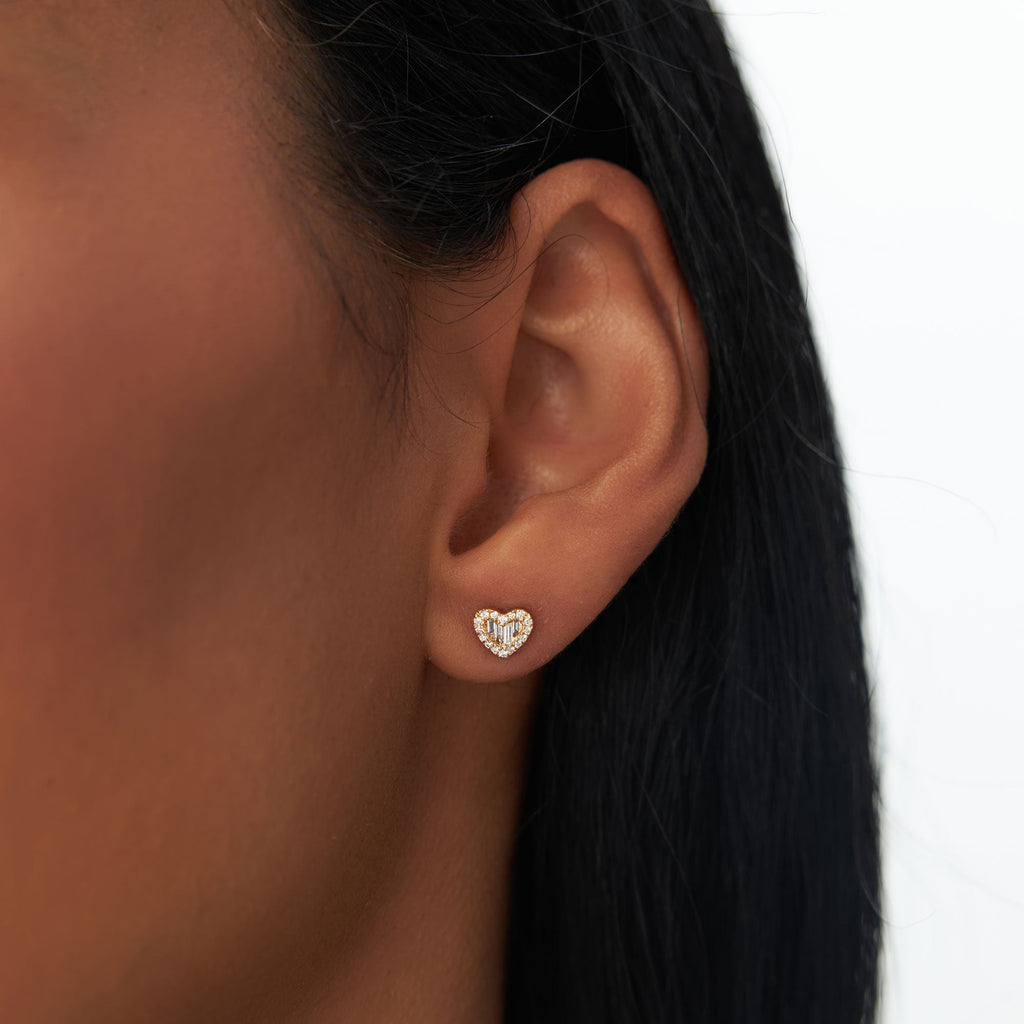 Mini Baguette Diamond Heart Studs