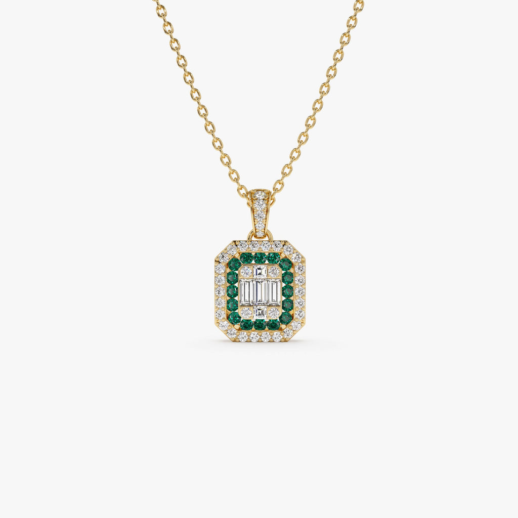Baguette and Round Emerald Necklace with Halo Setting