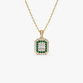 Baguette and Round Emerald Necklace with Halo Setting