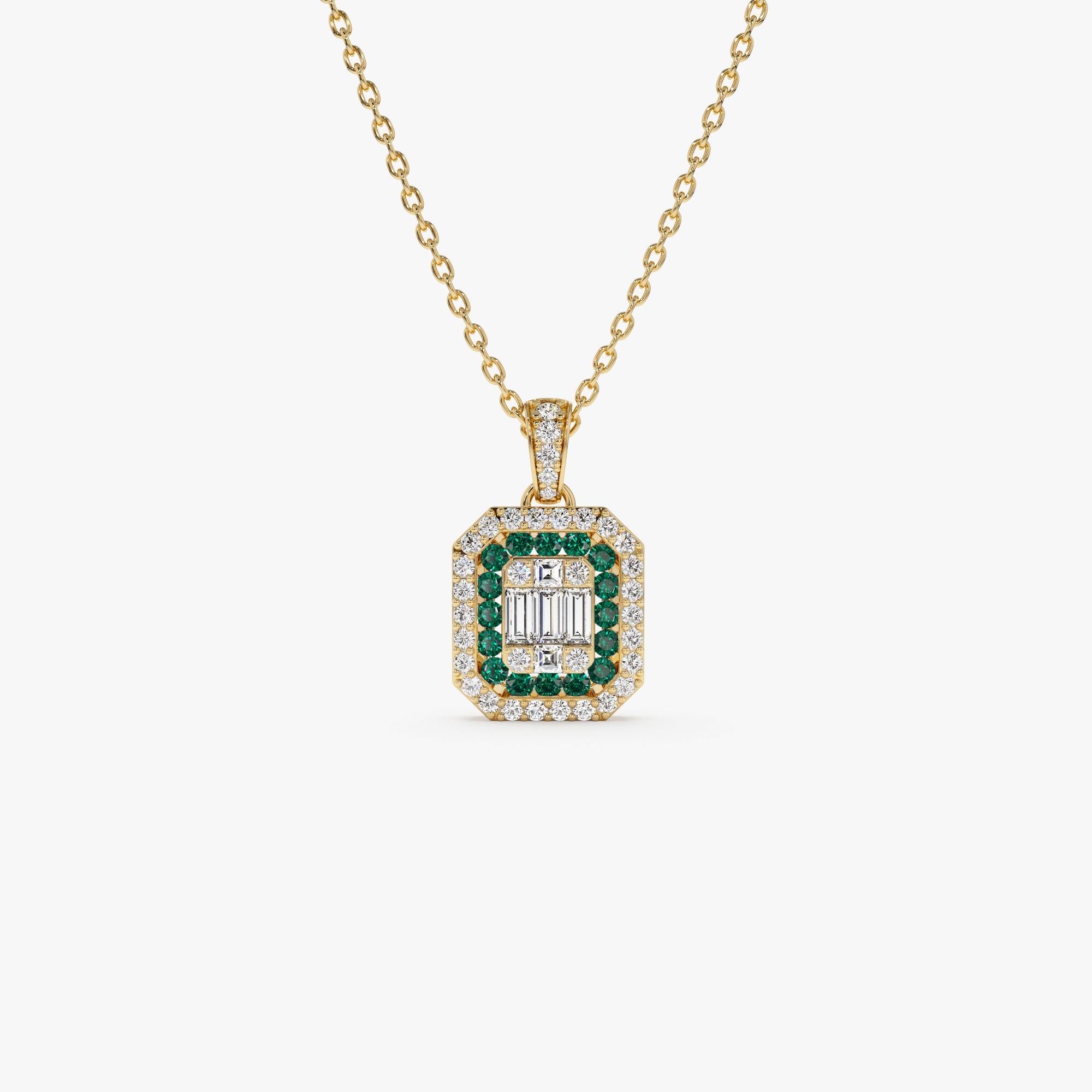 Baguette and Round Emerald Necklace with Halo Setting