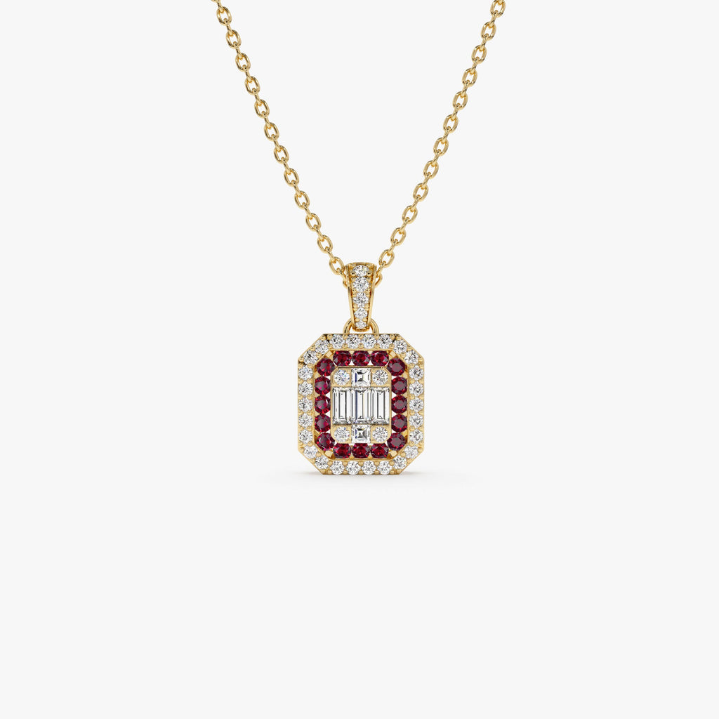 Baguette and Round Ruby Necklace with Halo Setting
