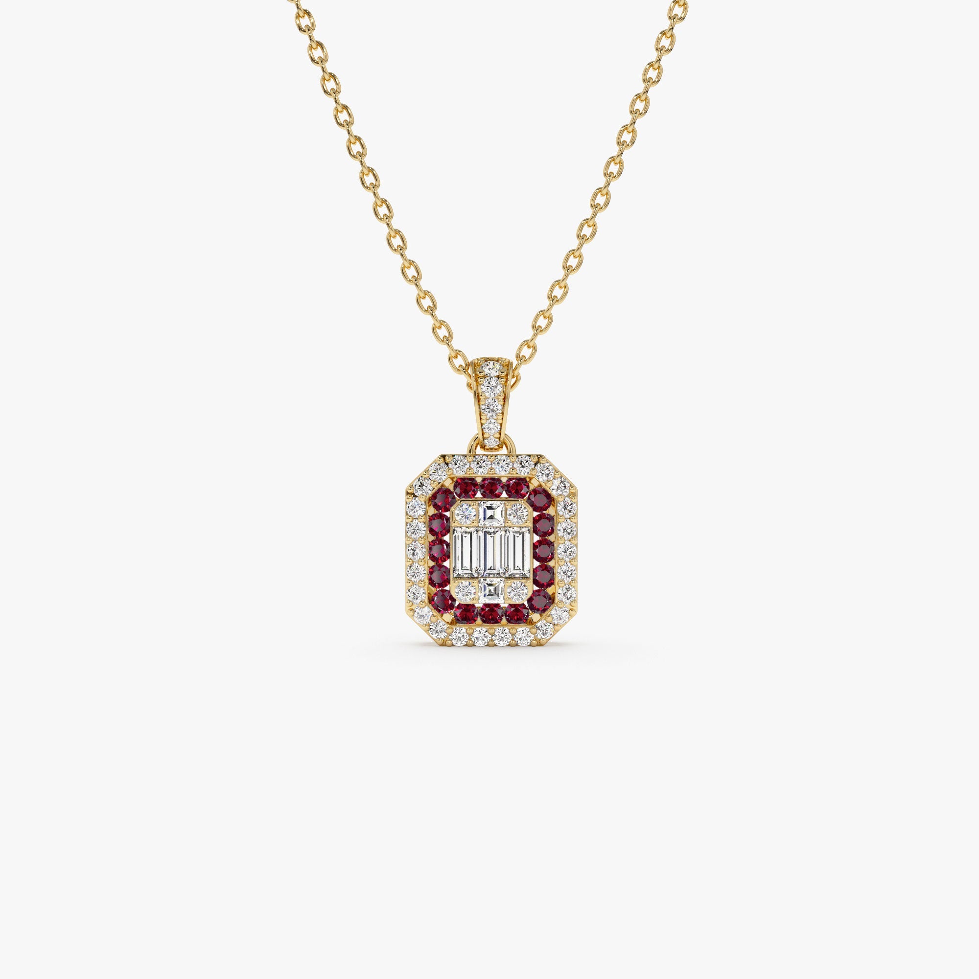 Baguette and Round Ruby Necklace with Halo Setting