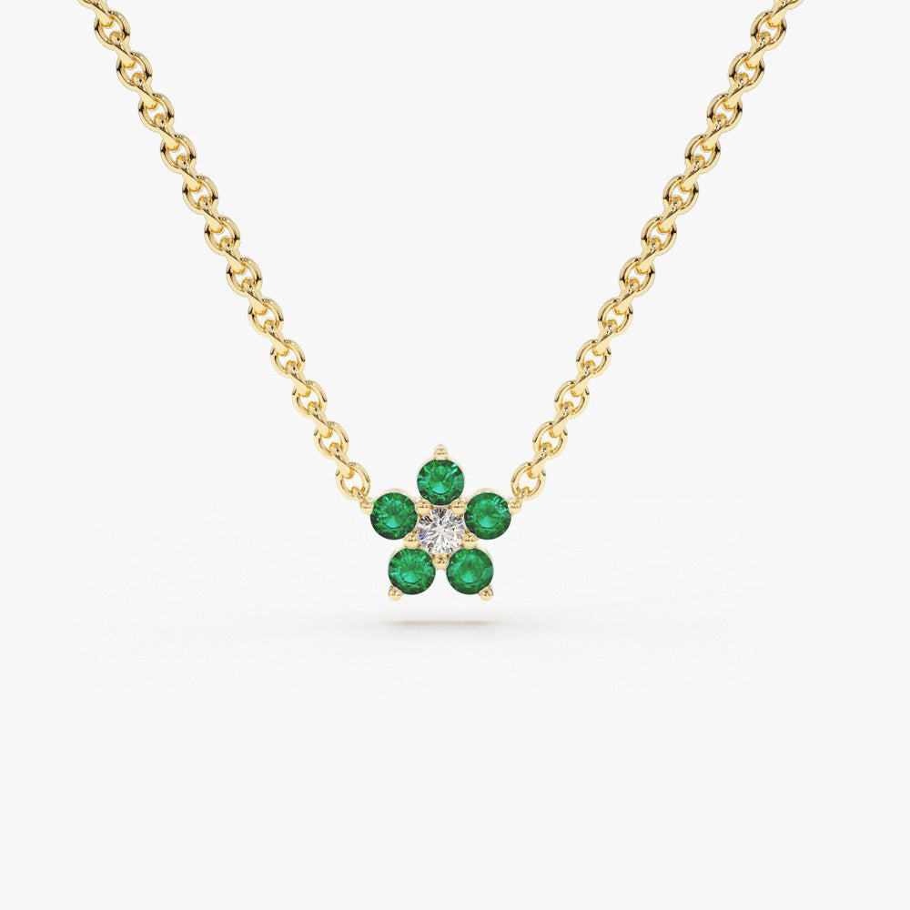 Emerald and Diamond Flower Charm Necklace