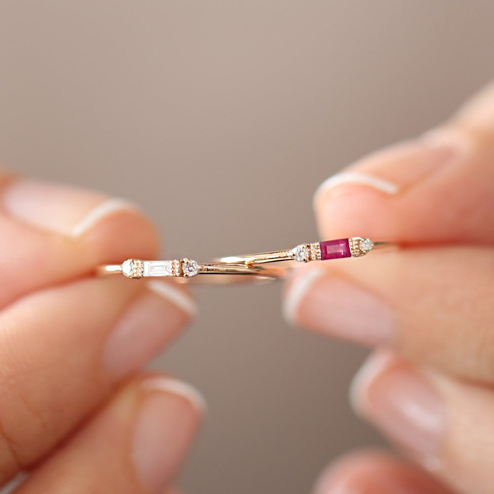 Dainty Baguette and Round Diamond Ring