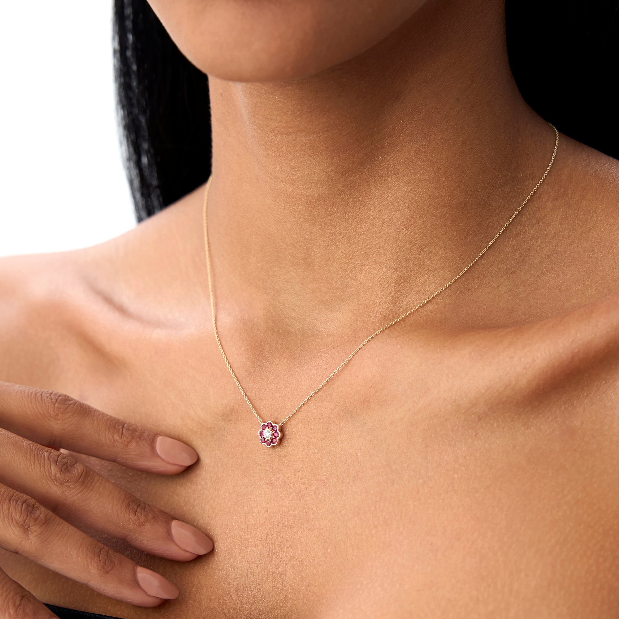 Bezel Setting Ruby Flower Diamond Necklace