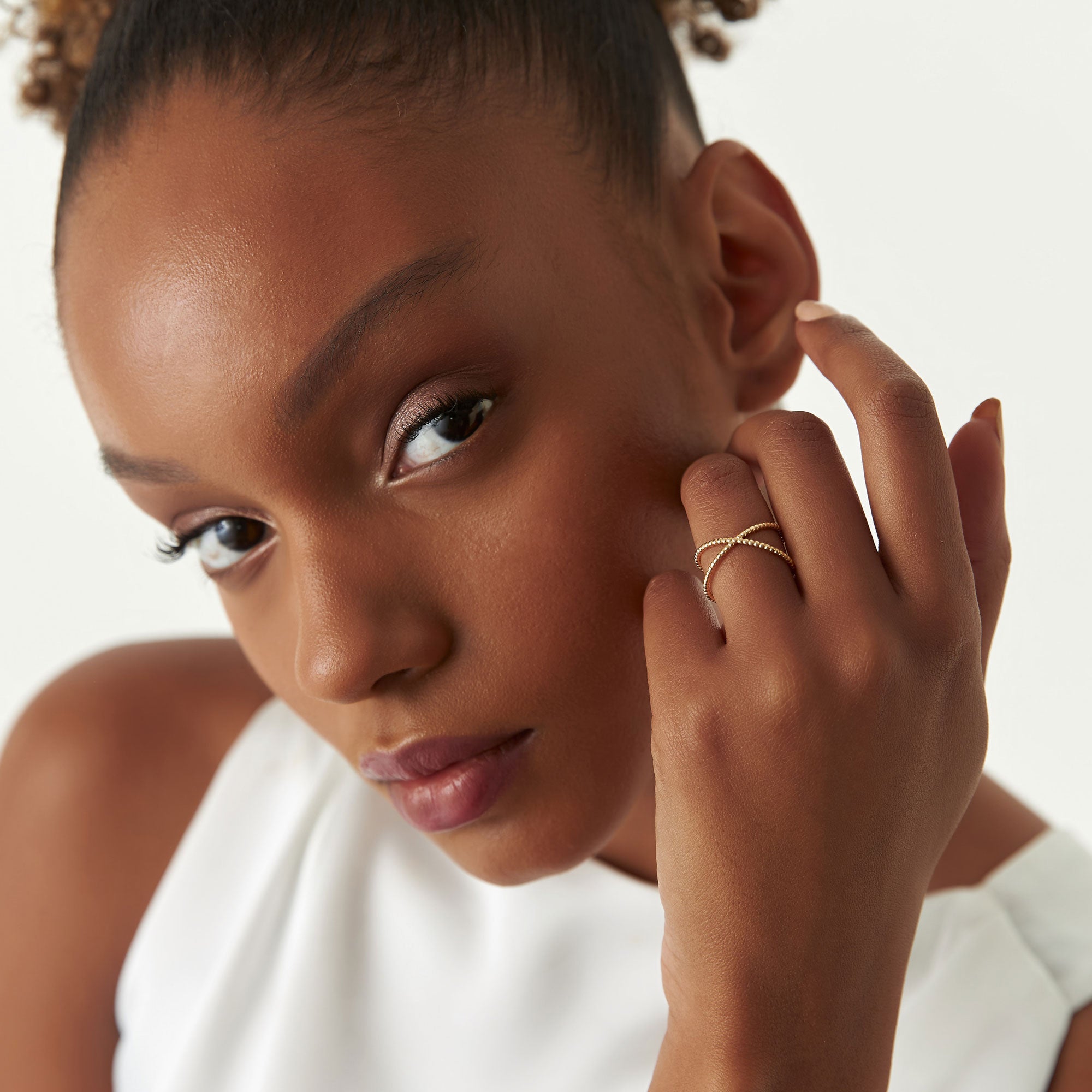 Beaded Band Criss Cross Statement Ring