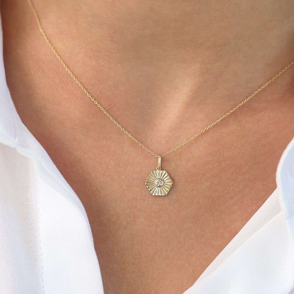 Hexagon Diamond Disc Ray Necklace
