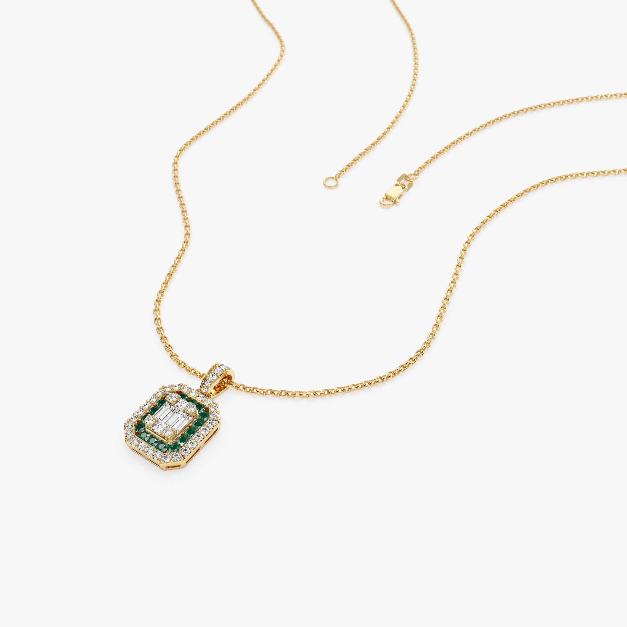 Baguette and Round Emerald Necklace with Halo Setting