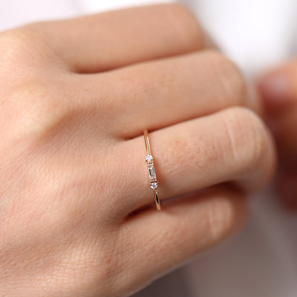 Dainty Baguette and Round Diamond Ring