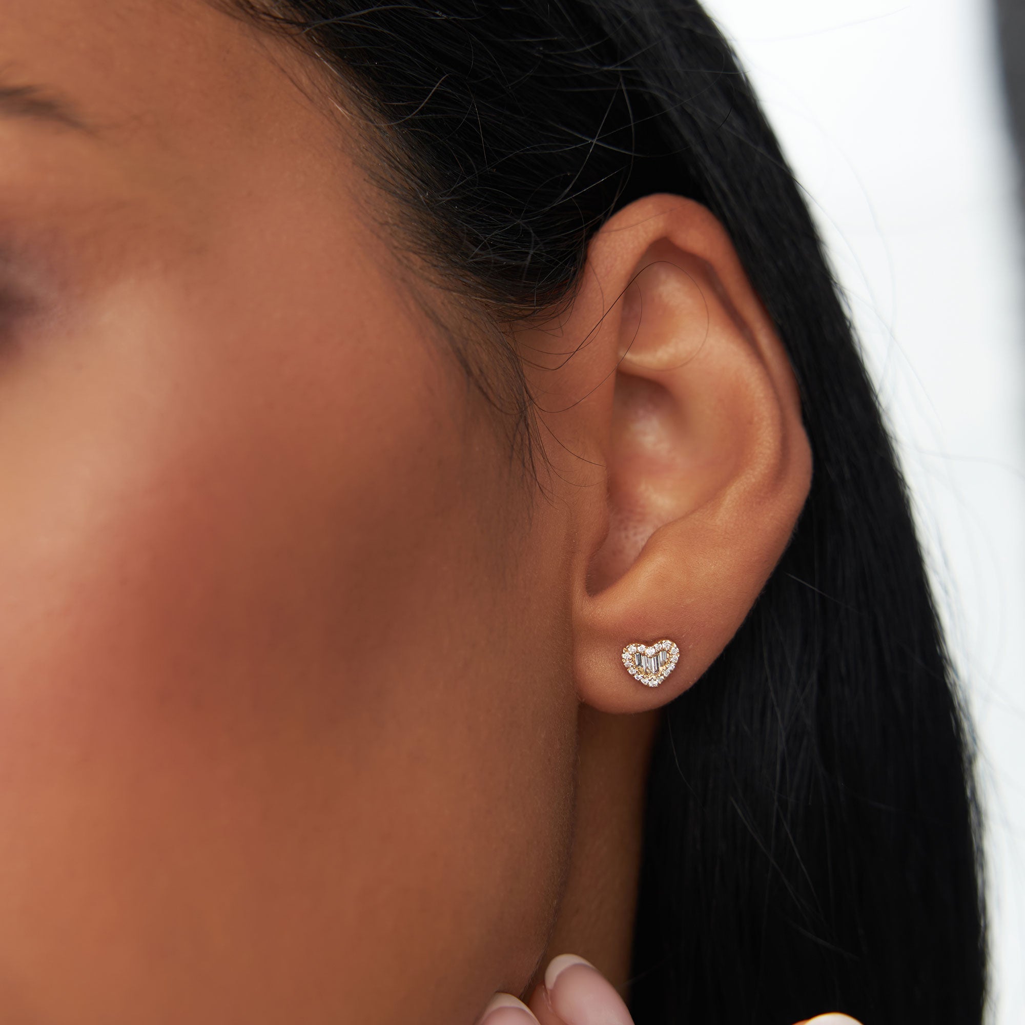 Mini Baguette Diamond Heart Studs