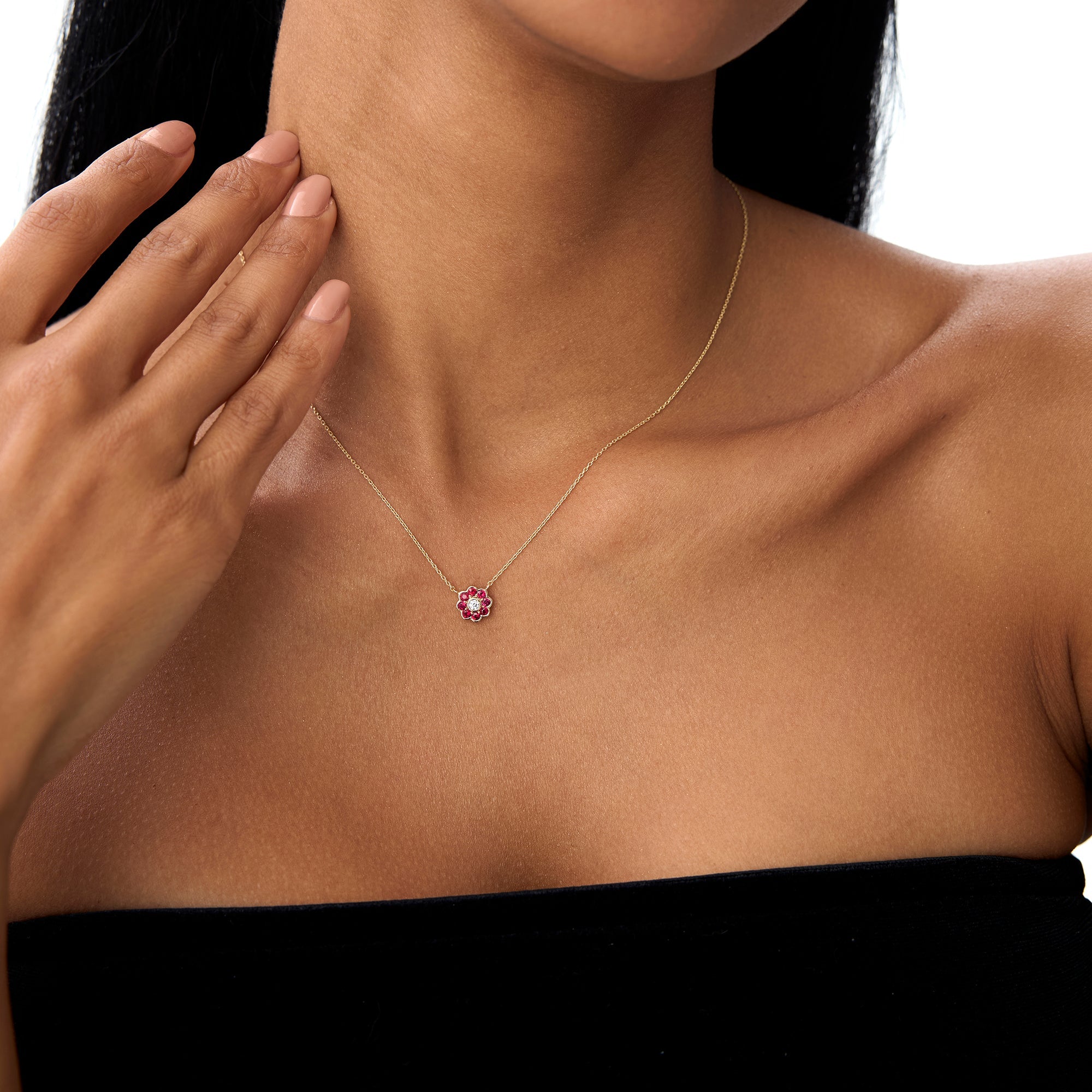 Bezel Setting Ruby Flower Diamond Necklace