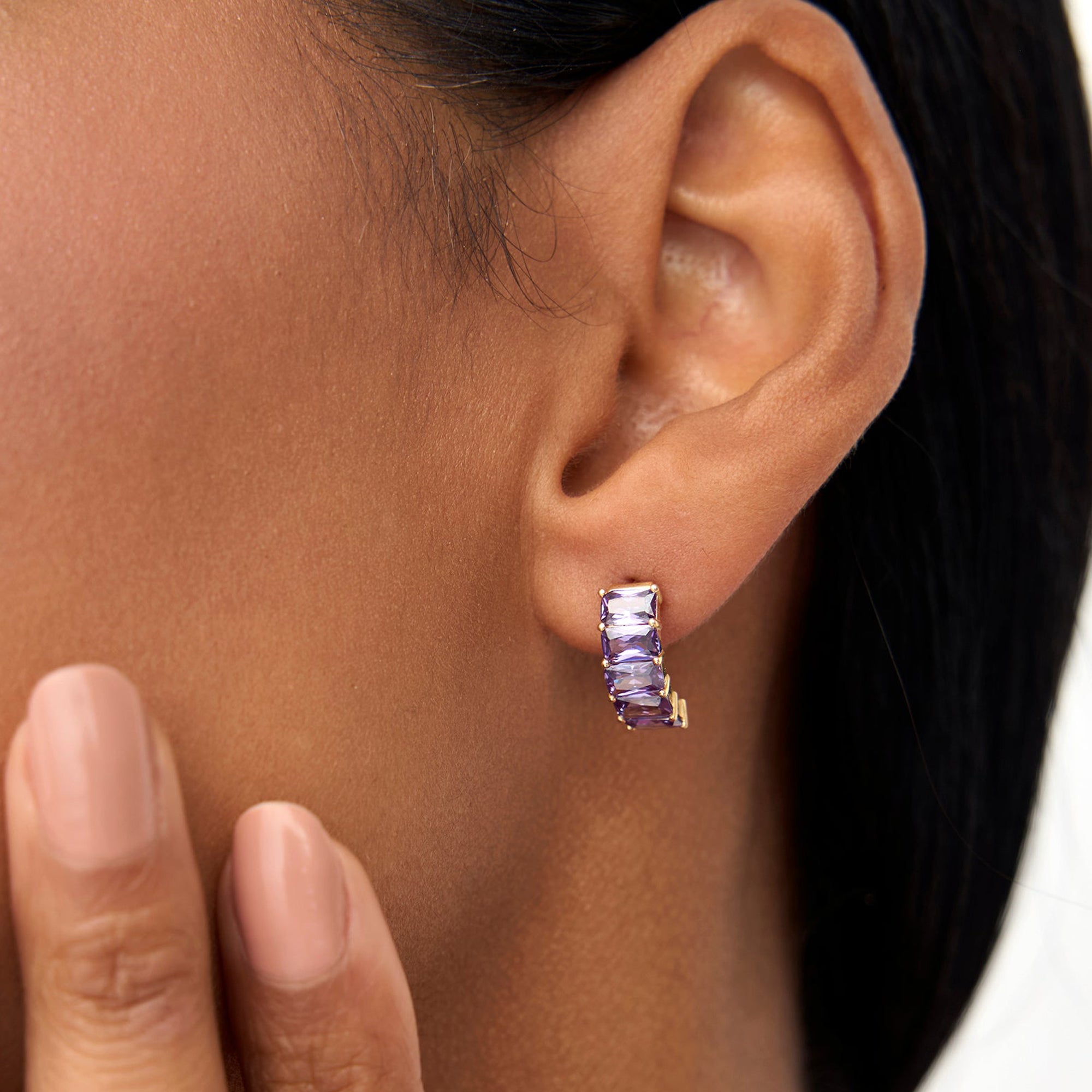 Emerald Cut Amethyst Half Hoop Earrings