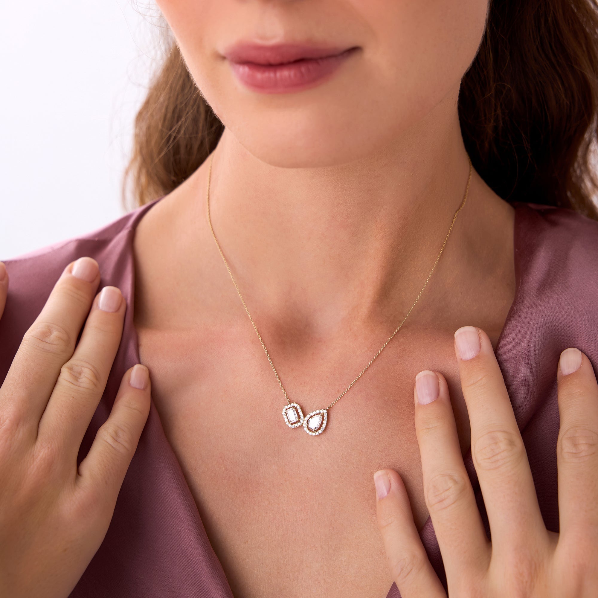 Pear & Emerald Cut Toi et Moi Halo Setting Necklace