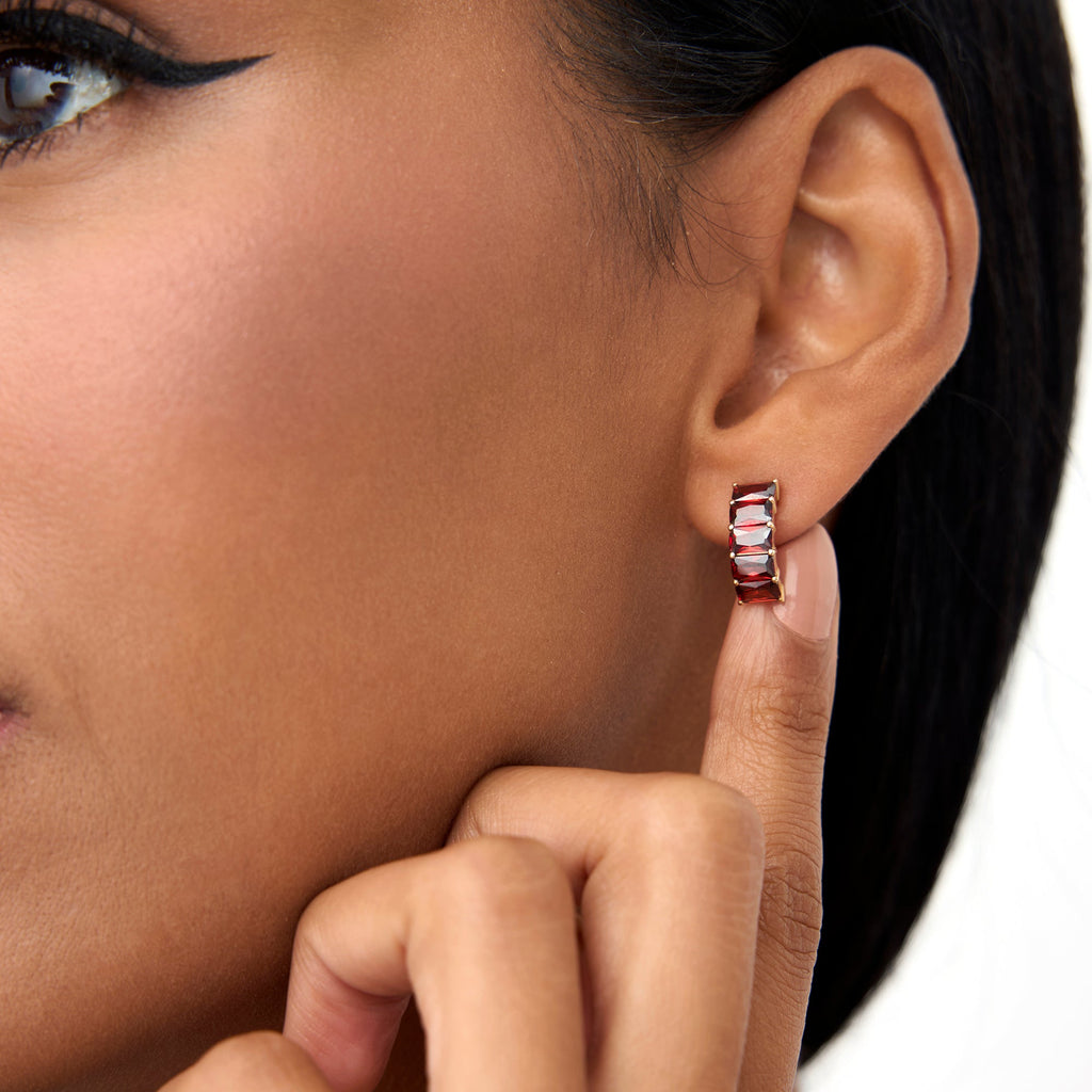 Emerald Cut Garnet Half Hoop Earrings