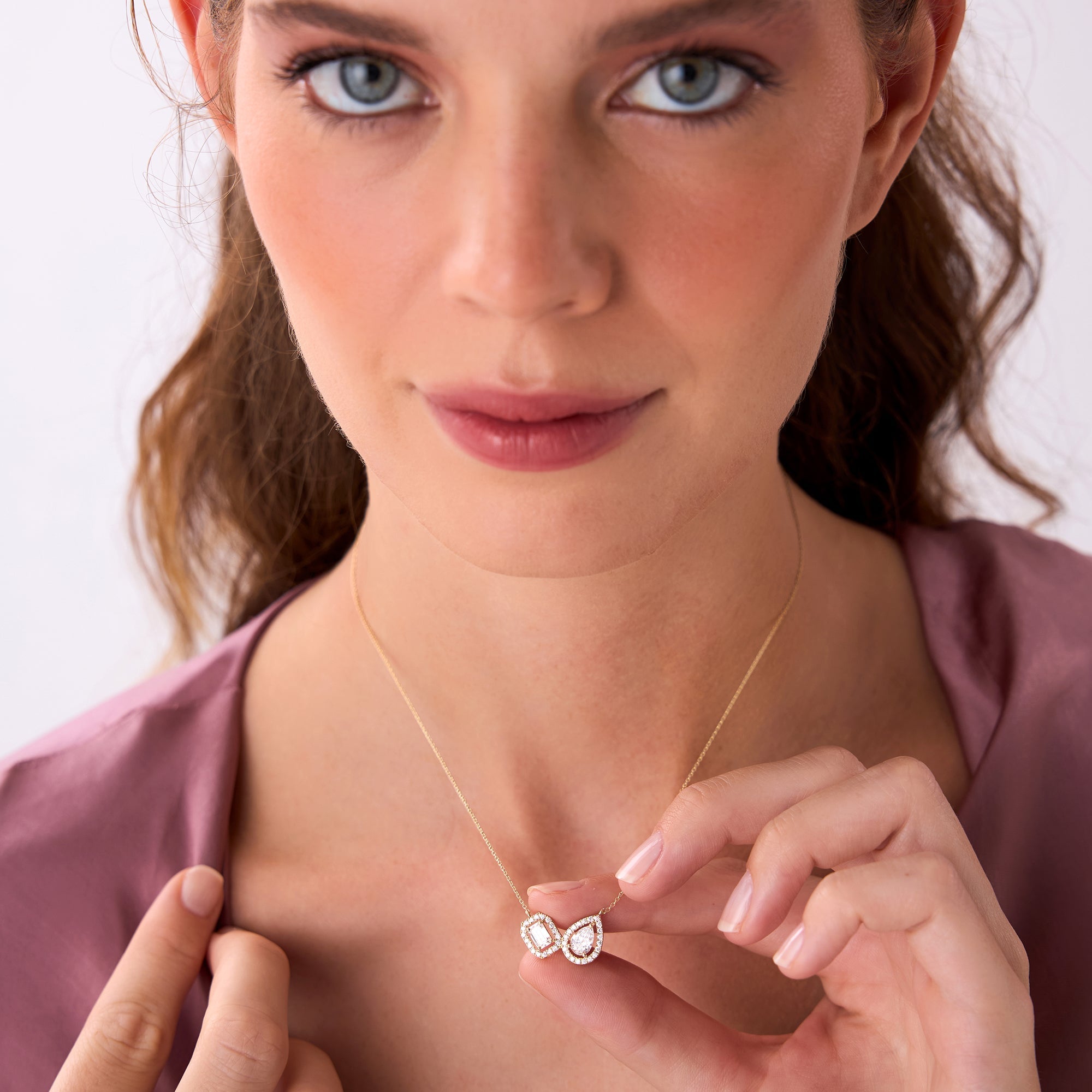 Pear & Emerald Cut Toi et Moi Halo Setting Necklace