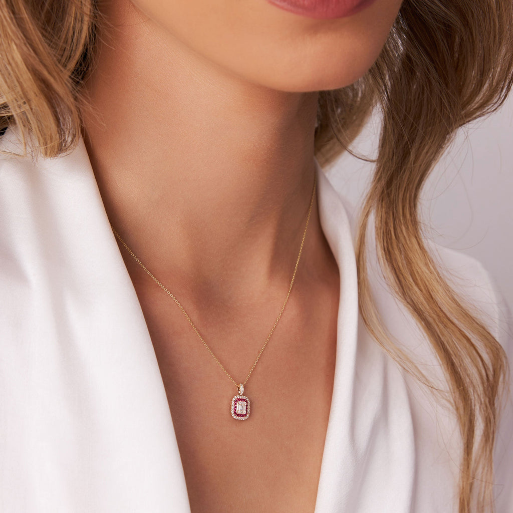 Baguette and Round Ruby Necklace with Halo Setting