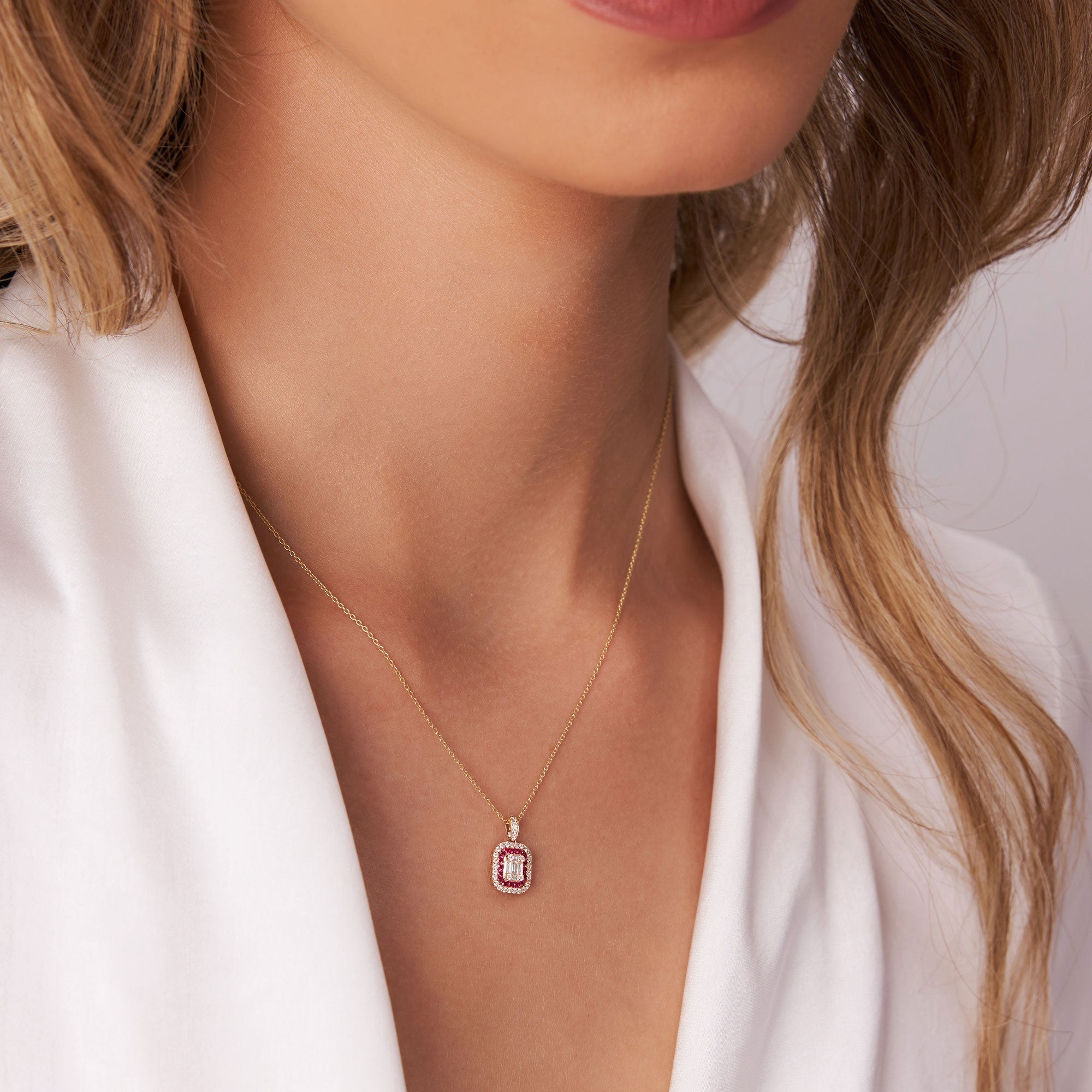 Baguette and Round Ruby Necklace with Halo Setting