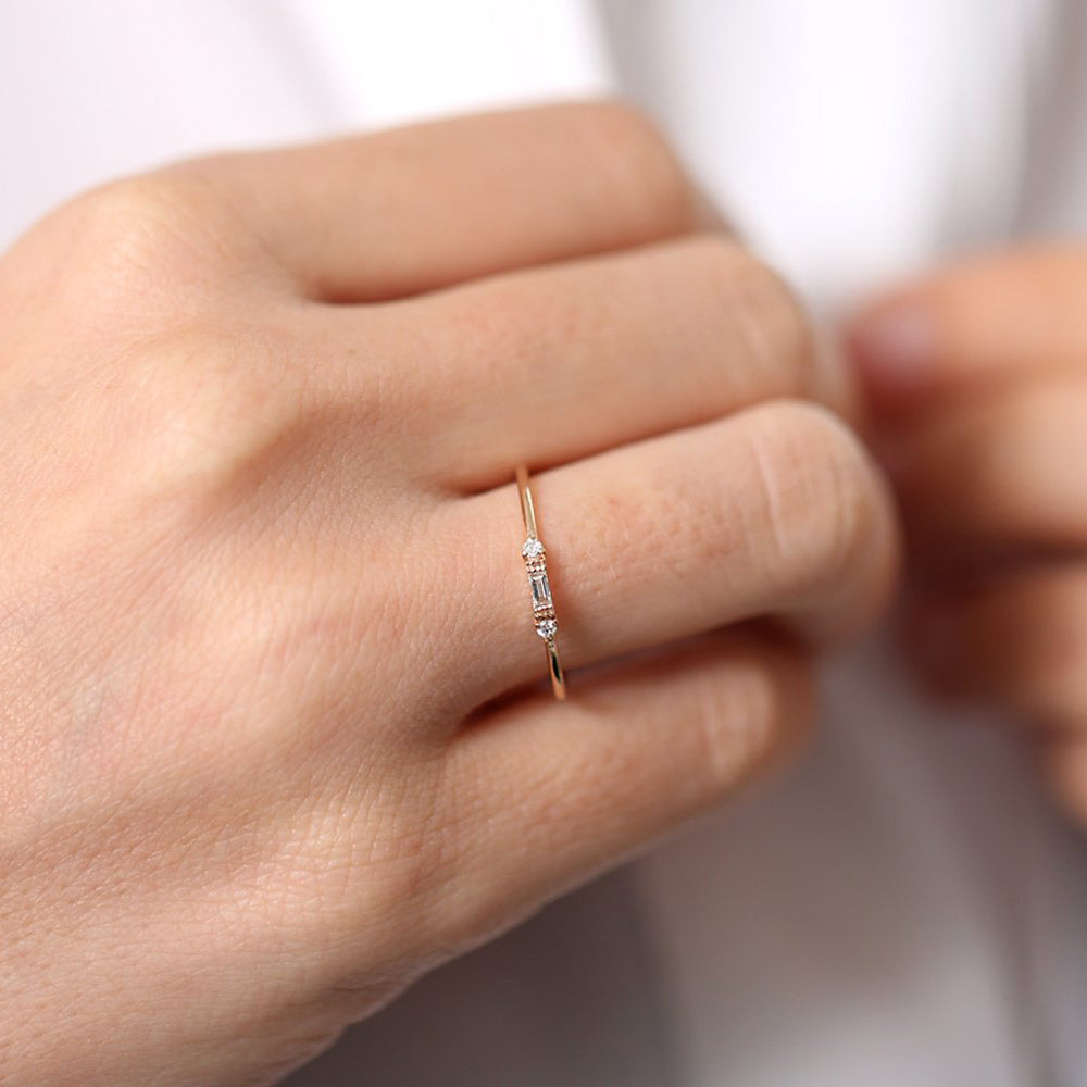 Dainty Baguette and Round Diamond Ring