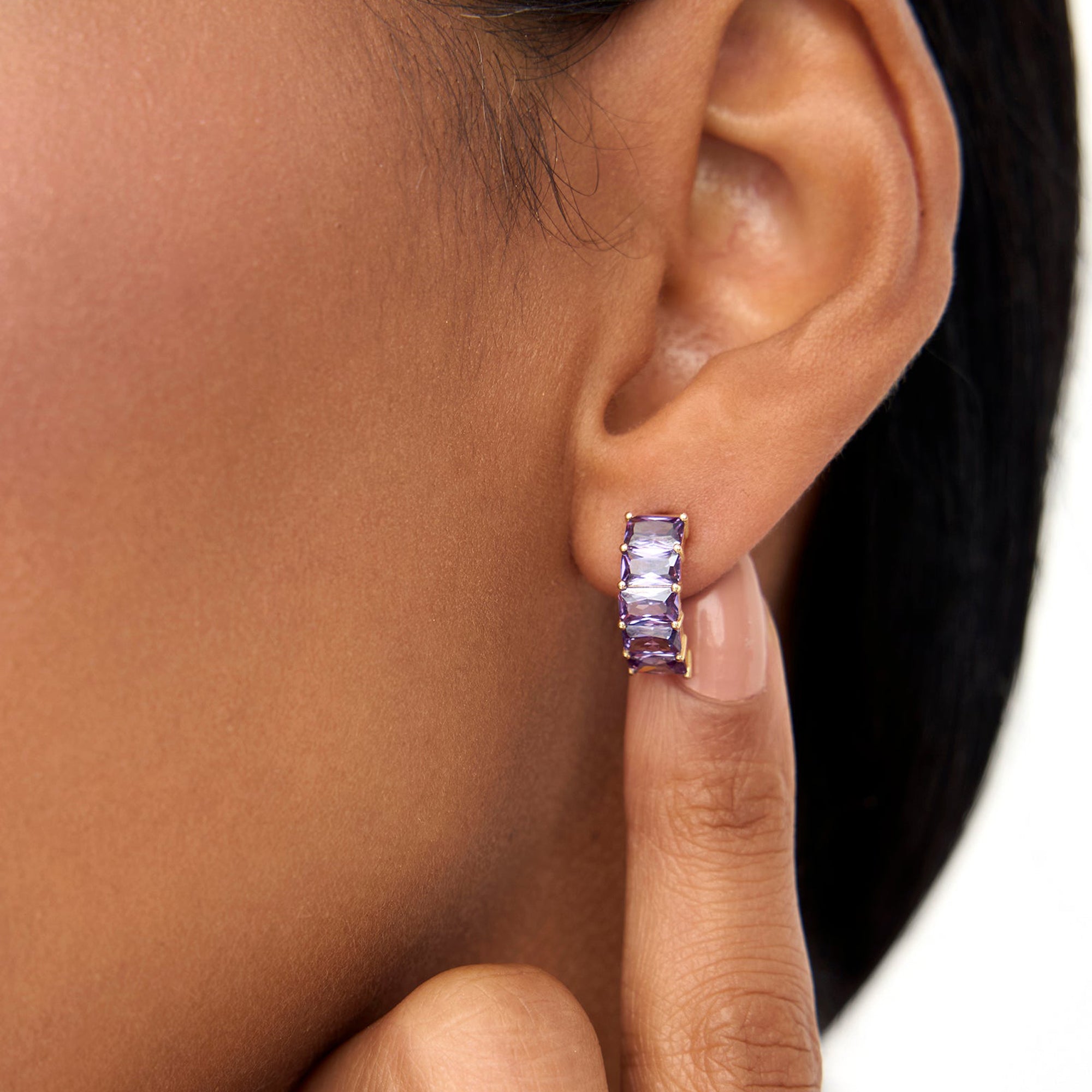 Emerald Cut Amethyst Half Hoop Earrings