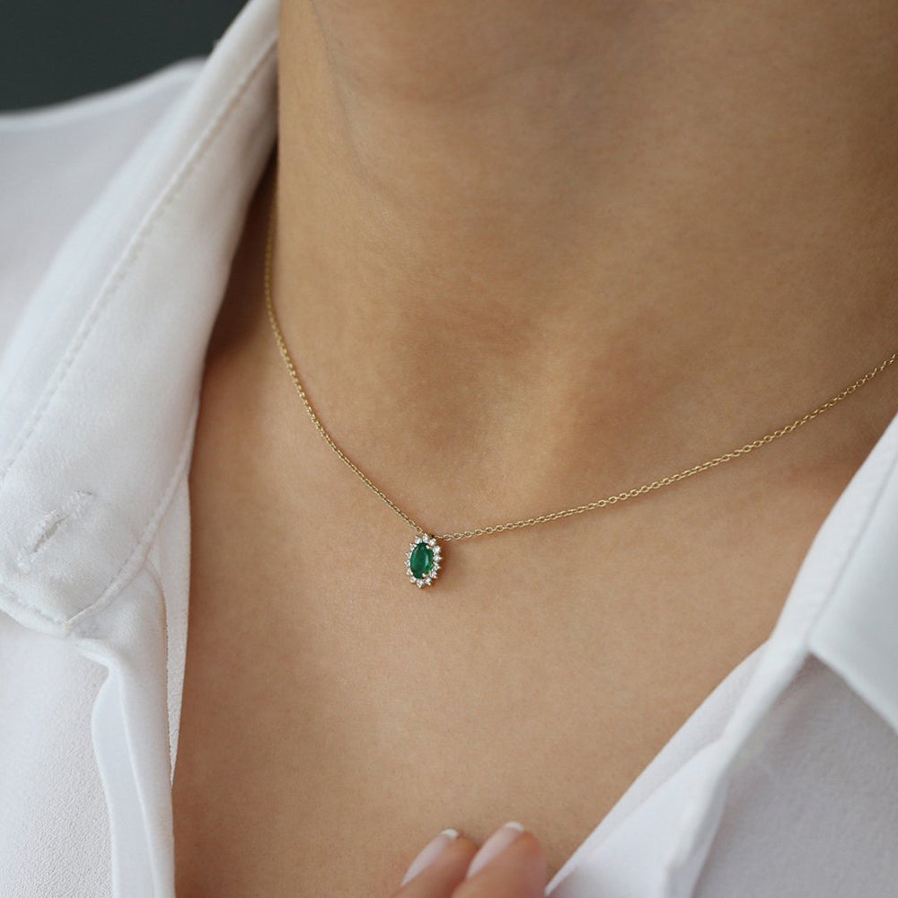 Emerald Necklace with Halo Diamonds