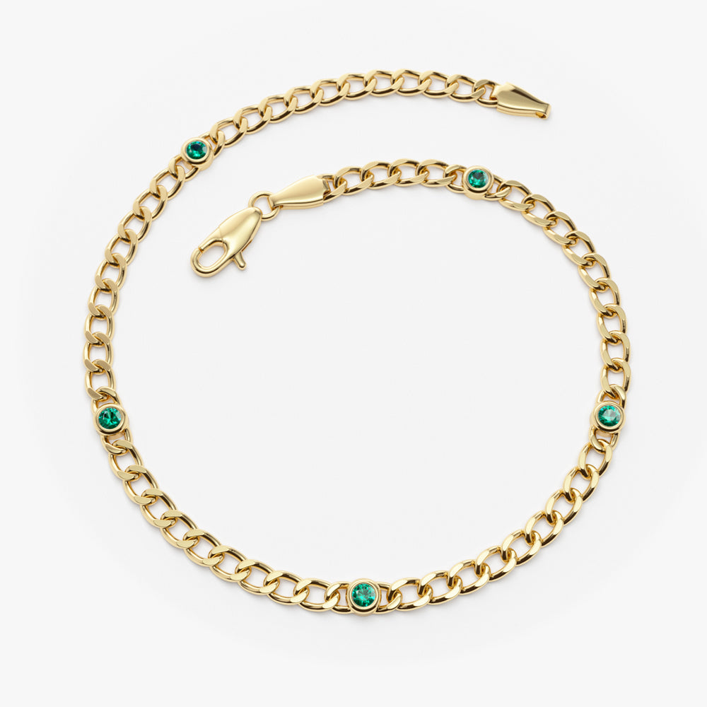Cuban Link Bracelet w Bezel Setting Round Emerald